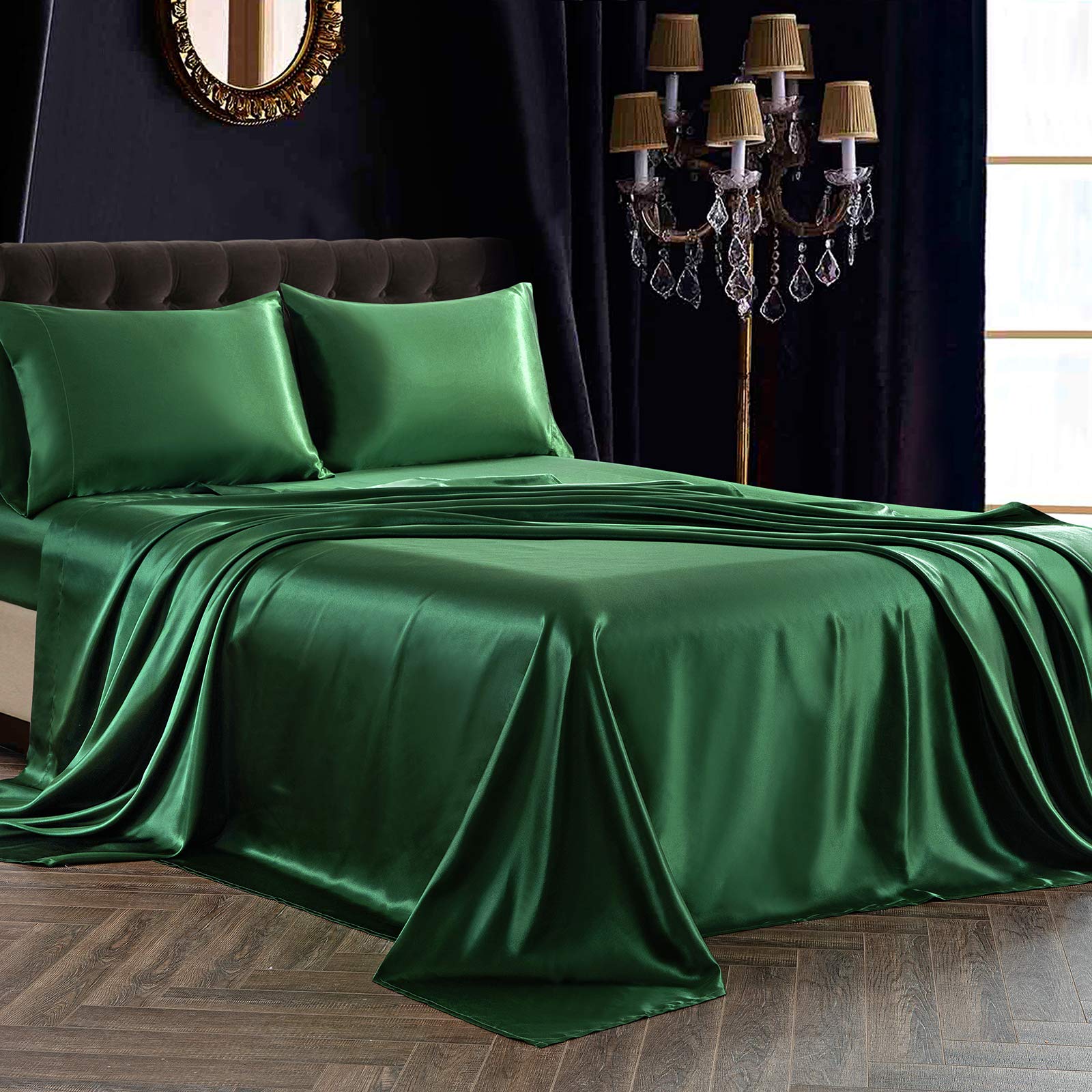 SiinvdaBZX 4-Piece Queen Size Satin Sheet Set - Ultra Silky Soft Emerald Green Bed Sheets with Deep Pocket (1 Fitted Sheet, 1 Flat Sheet, 2 Pillowcases) - Luxury Bedding for Master Bedroom, Guest Room & Hotel Use