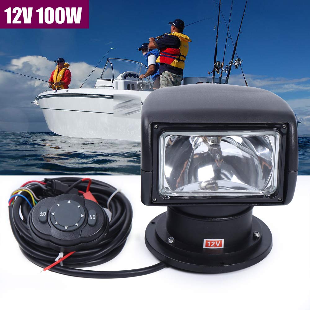 12V 100W Marine Spotlight with Remote Control - Waterproof Halogen Search Light for Boats, Trucks & Cars - Perfect for Night Fishing, Offshore Navigation & Emergency Situations (Black)