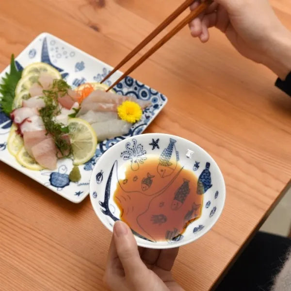 Premium Hasami Yaki Japanese Ceramic Small Plate Set - 7-Piece Marine Life Design for Sushi, Appetizers & Home Decor