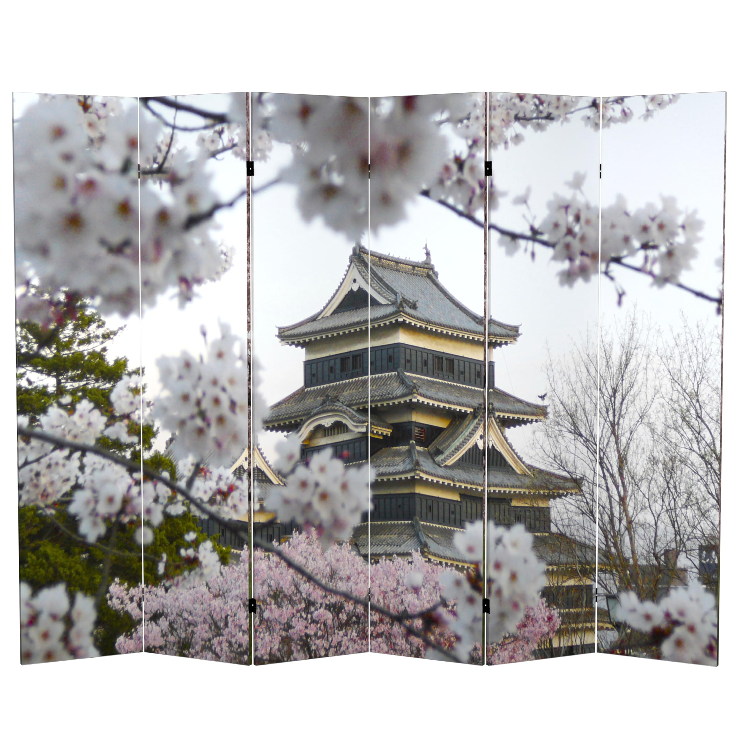6 ft. Tall Double Sided Cherry Blossom Canvas Room Divider - Red Lantern Asian Inspired Folding Screen for Home Decor, Bedroom Partition & Event Backdrop