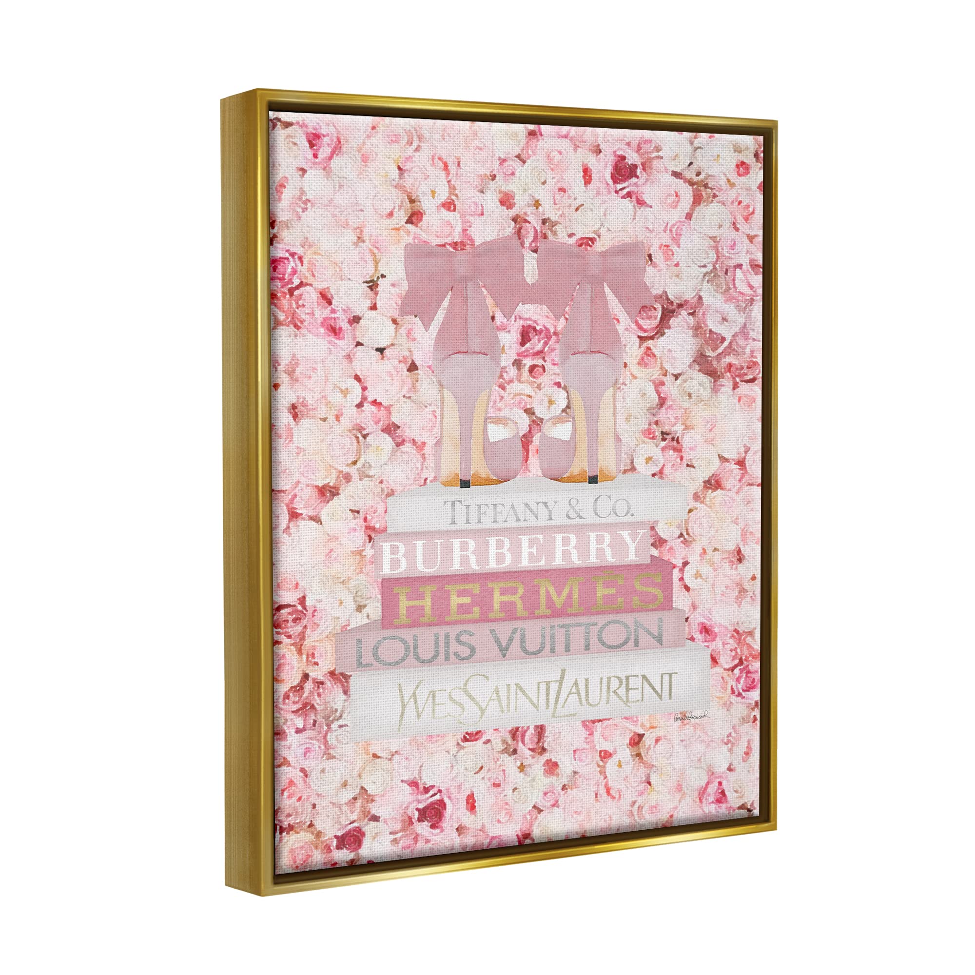Stupell Industries Pink Fashion Heals Wall Art with Glam Books & Rose Details - Floater Frame by Amanda Greenwood - Perfect for Bedroom, Living Room & Office Decor