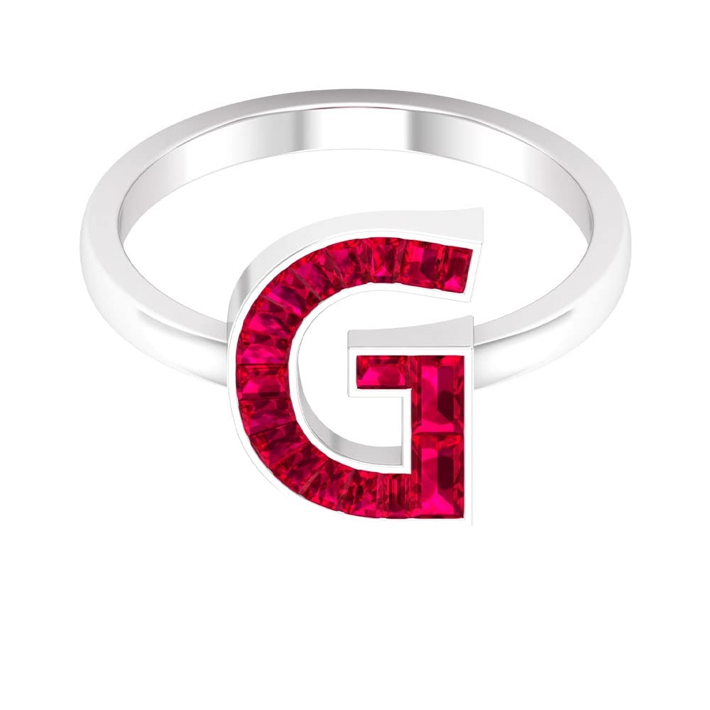 A-Z Alphabet Initial Rings - 14K White Gold Lab Created Ruby Baguette Channel Set Letter Rings for Women - Perfect for Birthdays, Anniversaries & Personalized Gifts