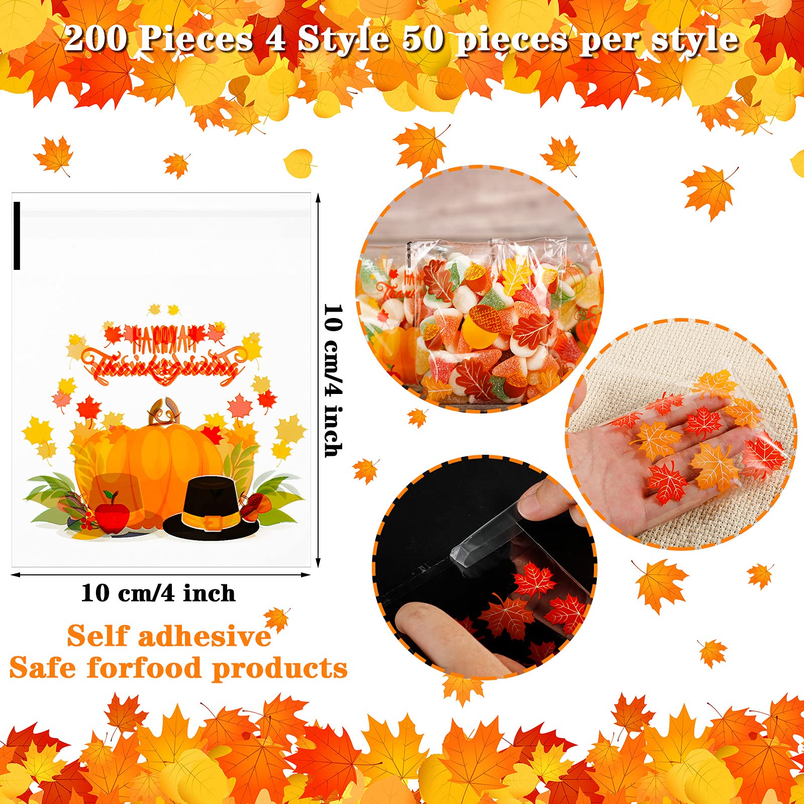 200-Piece Thanksgiving Fall Cellophane Bags - Pumpkin & Maple Leaf Print Treat Bags for Candy, Party Favors, Groceries | Autumn Party Supplies for Halloween, Harvest Festivals & Seasonal Decorations
