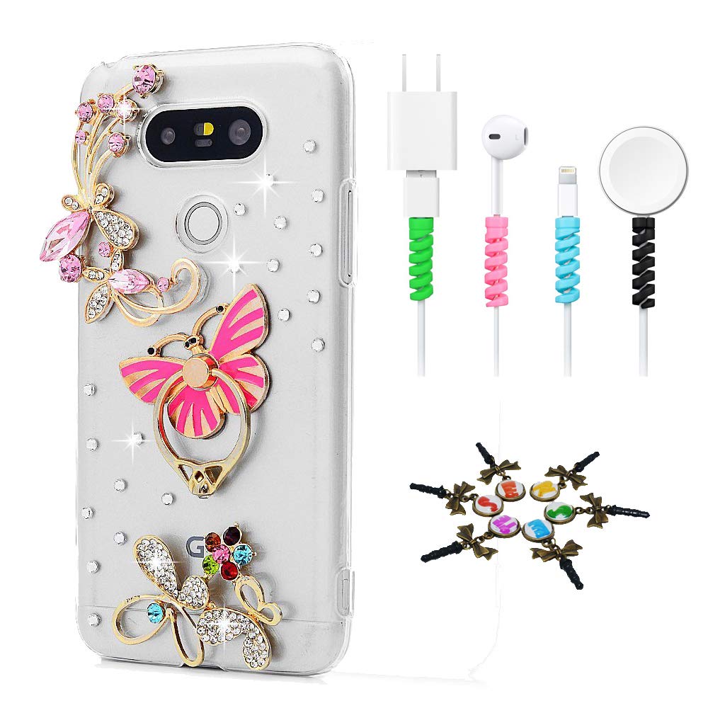 STENES Bling Phone Case Compatible with LG G8 ThinQ - 3D Sparkle Butterfly Design with Ring Stand & Cable Protector - Stylish Protective Cover for Women [4 Pack, Pink] - Perfect for Daily Use, Parties & Gift Giving