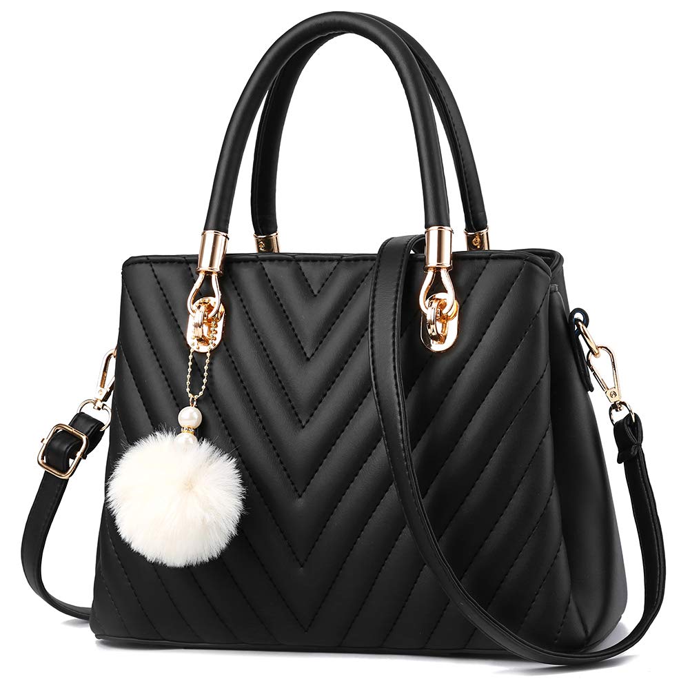 Women's Fashion Leather Handbags - Quilted Top Handle Tote Satchel Shoulder Bag with Pompom | Stylish Purse for Work, Travel & Daily Use