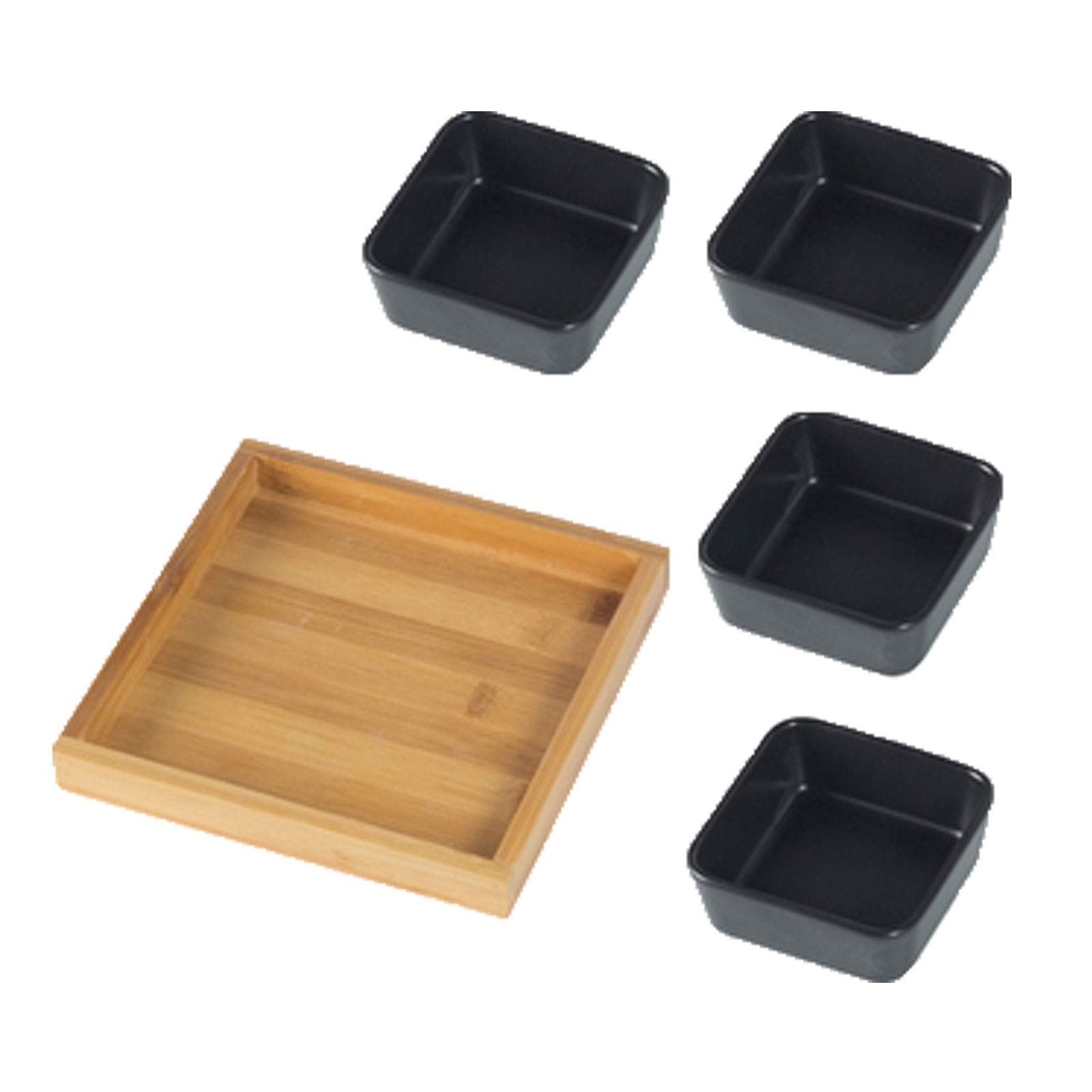 Premium Porcelain Dipping Bowls Set with Tray - 6-Piece Condiment Dishes for Sauces, Nuts, Candy & Appetizers - Perfect for BBQ, Parties, Dining & Entertaining (Black)