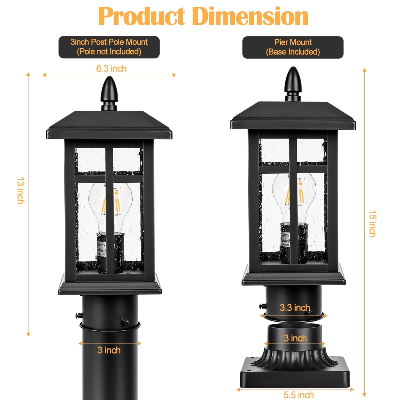 2 Pack Dusk to Dawn Outdoor Post Lights - Black Waterproof Pier Mount Electric Pole Lights for Yard, Driveway, Pathway - Perfect for Landscape Lighting, Garden Decor & Home Security