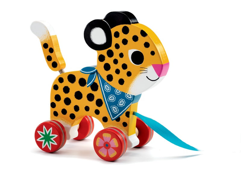 Greta Leopard Wooden Pull Along Toddler Toy - Classic Wooden Pull Toy for 1-3 Year Olds - Perfect for Early Walking Development & Pretend Play