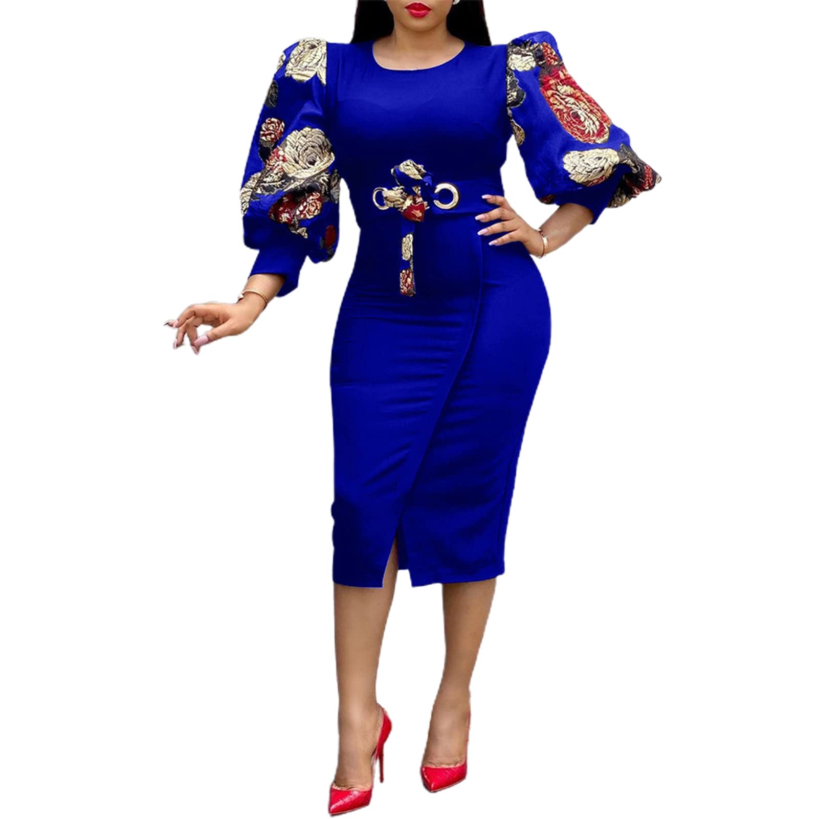 Floral Print High Waist Sexy 3/4 Lantern Sleeve Split Dress for Women - Elegant Banquet & Party Wear, Cocktail Dress for Evening Events, Date Night & Special Occasions