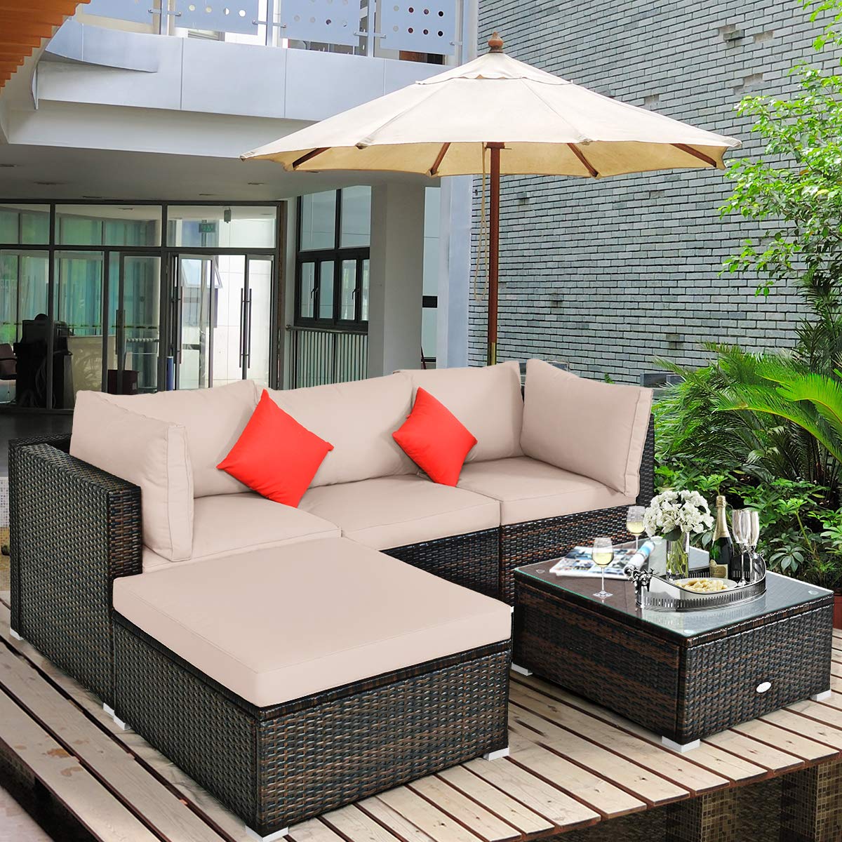 **HAPPYGRILL 5-Piece Patio Conversation Set - Outdoor Rattan Wicker Furniture with Sectional Sofa, Ottoman, Coffee Table, Cushions & Pillows - Perfect for Garden, Lawn, Balcony, Backyard & Poolside Relaxation**
