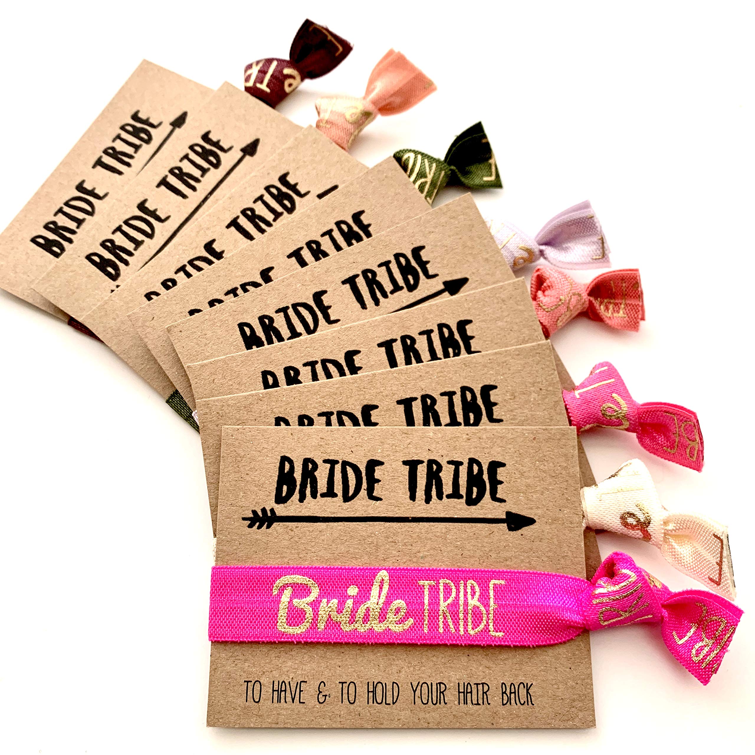 Set of 5 Neon Gold Bride Tribe Bachelorette Hair Ties - Burgundy Wedding Party Favors for Bridal Shower, Bachelorette Party & Girls Night Out