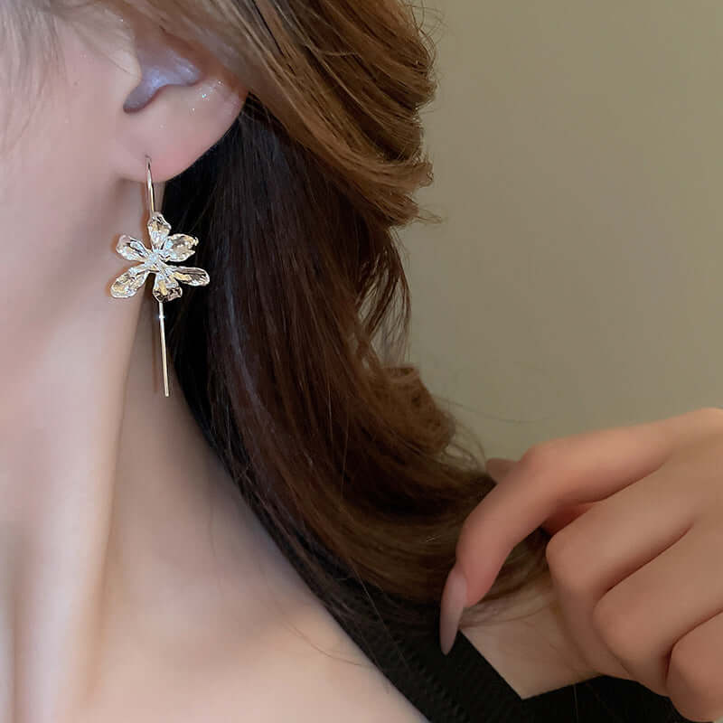 Petite Iris Flower Drop Earrings with Hook | HE2187 | Elegant Dangle Earrings for Women, Perfect for Weddings, Parties & Everyday Wear