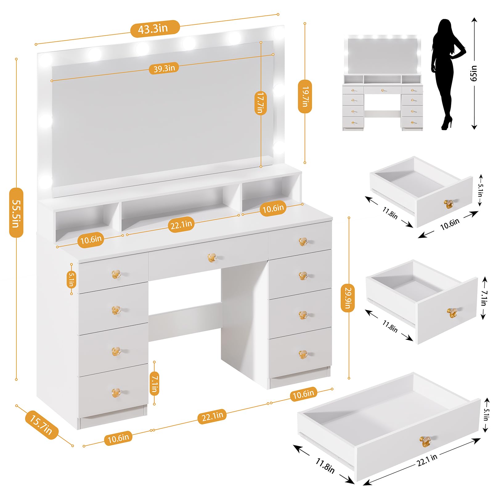 Vanity Desk with Large Mirror & LED Lights - 9-Drawer Makeup Dressing Table with Super Storage, Power Outlet & Crystal Handles - 3 Lighting Modes for Women & Girls (White) | Perfect for Bedroom, Dorm Room & Beauty Salon Makeup Station