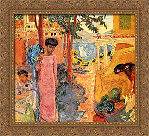 Pierre Bonnard Girl With Parrot 22x20 Gold Ornate Wood Framed Canvas Art - Vintage Wall Decor for Living Room, Bedroom & Office