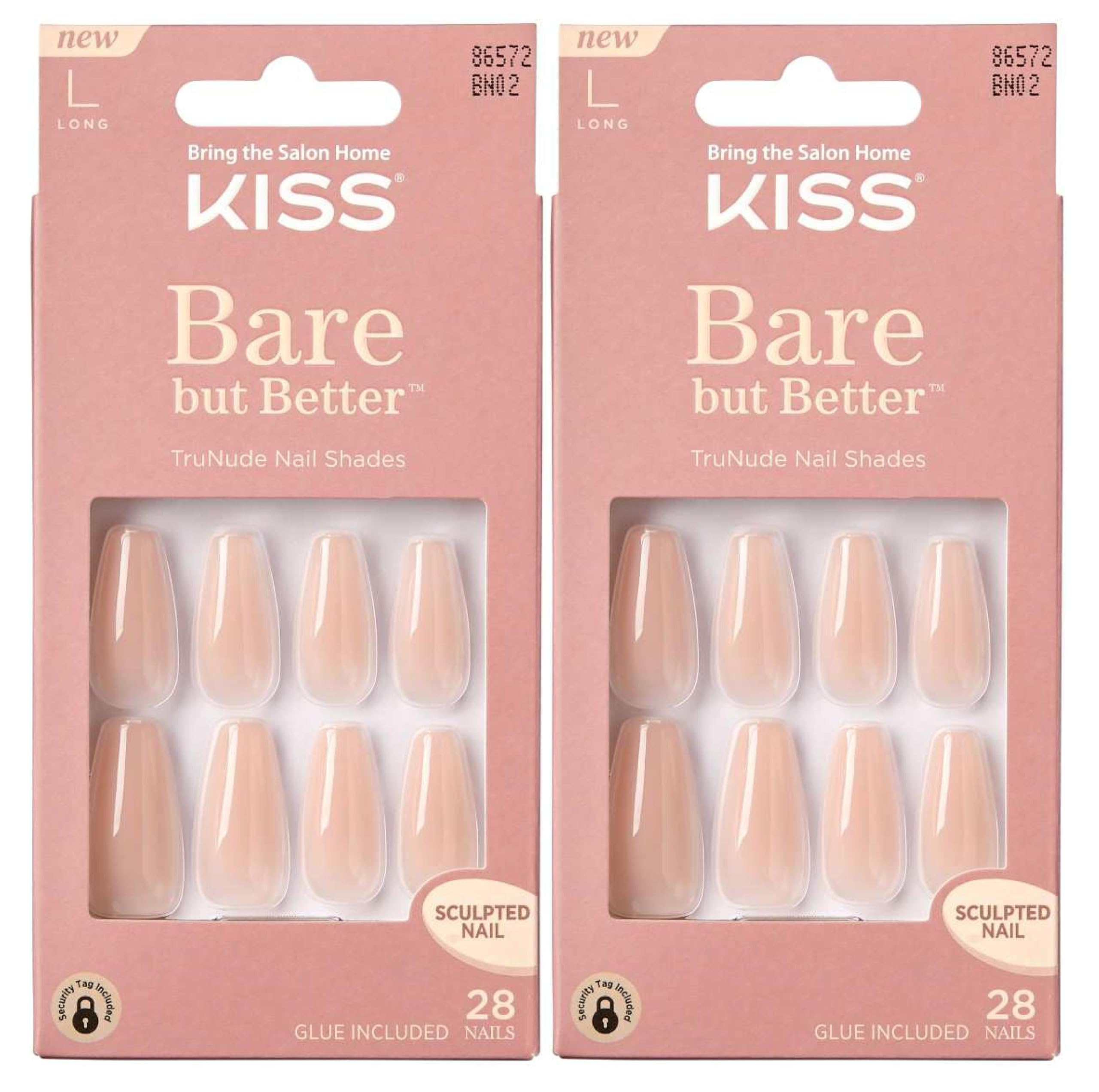 KISS Bare But Better TruNude Fake Nails - 28 Natural Nude Shades Manicure Set | Chip & Smudge Proof Glue-On Artificial Nails (Pack of 2) | Perfect for Weddings, Parties & Everyday Wear