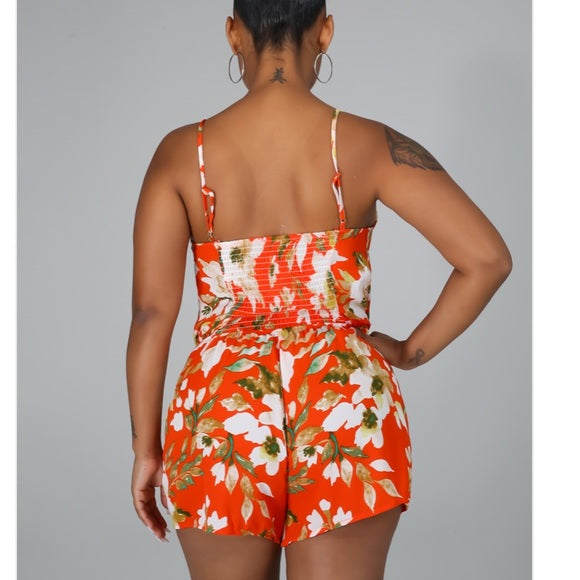 Stylish Orange Floral Romper Jumpsuit for Women - Summer Casual Outfit, Beach Vacation, Party Wear