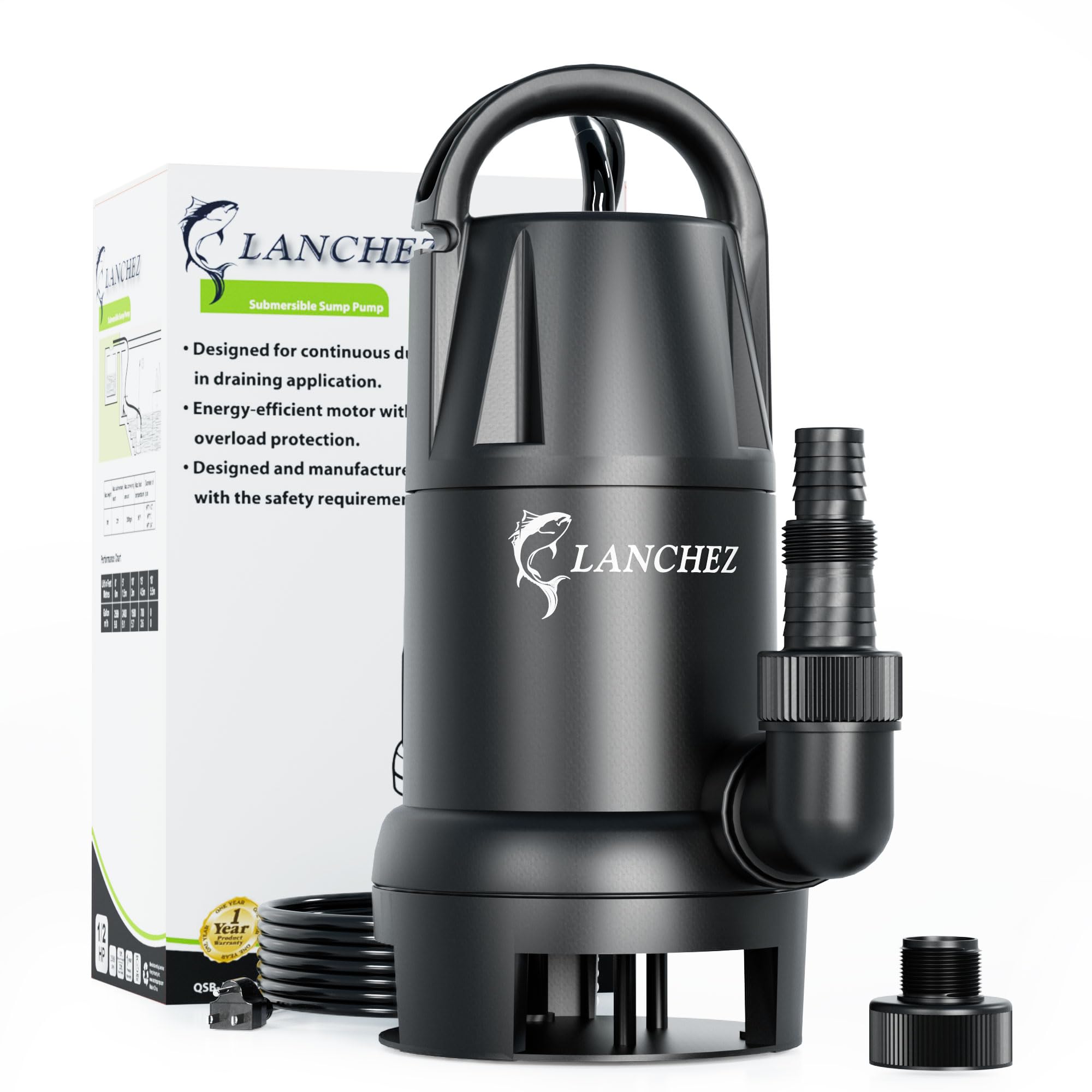 1/2HP Submersible Sump Pump - 2394GPH High Capacity Water Pump with 3/4