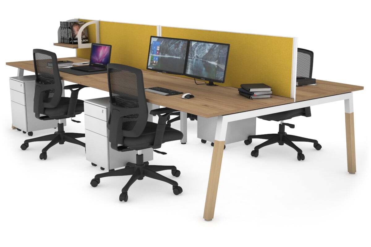 Quadro A Legs 4-Person Office Workstation with Wood Legs & Cross Beam - 1600L x 800W Dimensions with Cable Management Scallop | Perfect for Collaborative Workspaces, Home Offices & Shared Workstations