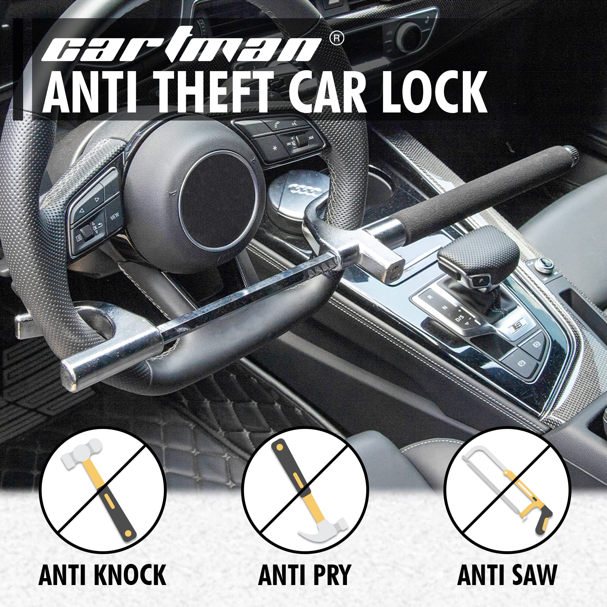 CARTMAN 3-in-1 Steering Wheel Lock - Heavy Duty Anti-Theft Car Security Device with Emergency Hammer & Window Breaker - Adjustable Length Universal Fit for Cars, Vans, SUVs - Perfect for Parking Security, Roadside Emergencies & Self-Defense