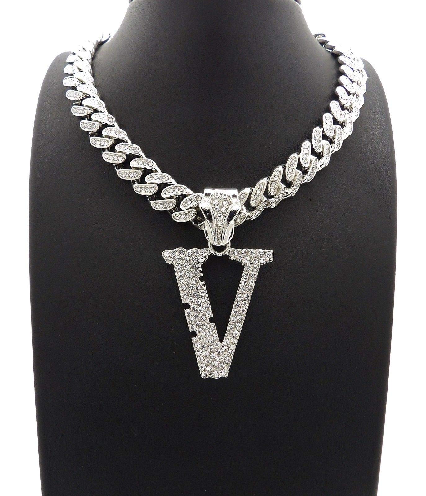 Hip Hop White Gold PT V Pendant & 18