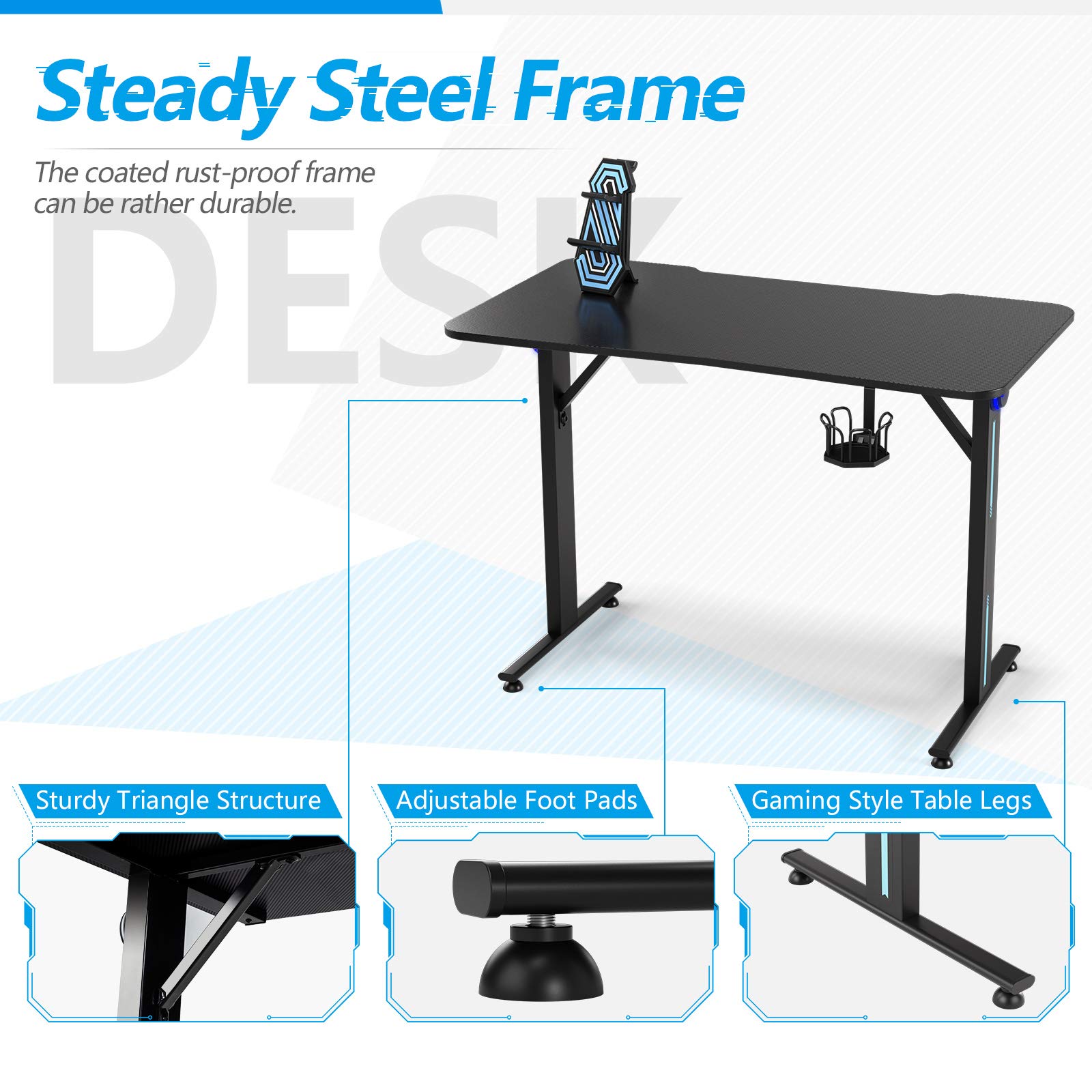 Tangkula Gaming Desk - T-Shaped Computer Desk with Controller Stand, Cup Holder & LED Lights | Ergonomic Carbon Fiber Surface for PC Gaming & Home Office Workstation (Black) | Perfect for Esports, Streaming & Remote Work Setup