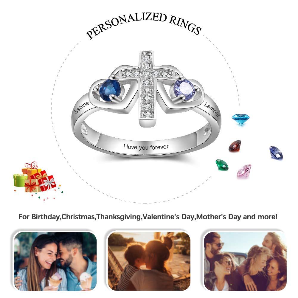 Personalized Promise Rings for Women - Custom Name & 2 Simulated Birthstones Mother's Rings in Sterling Silver | Romantic Gift for Anniversary, Valentine's Day & Special Occasions