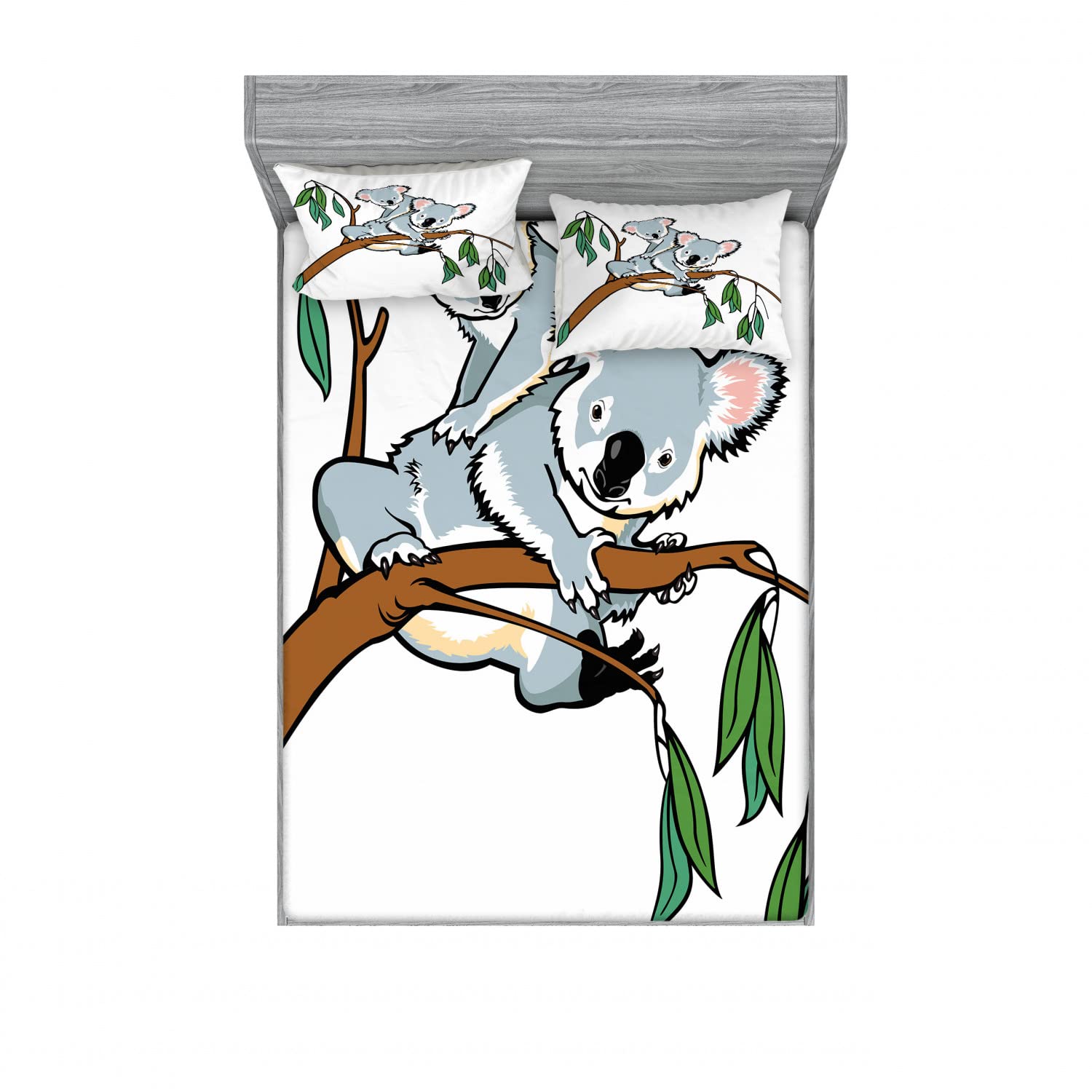 Ambesonne 2-Piece Koala & Eucalyptus Full Size Fitted Sheet Set with 4 Pillow Shams - Soft Brown Grey Bedding for Kids Room, Guest Bedroom & Dorm Decor - 4-Piece Animal Print Sheet Collection