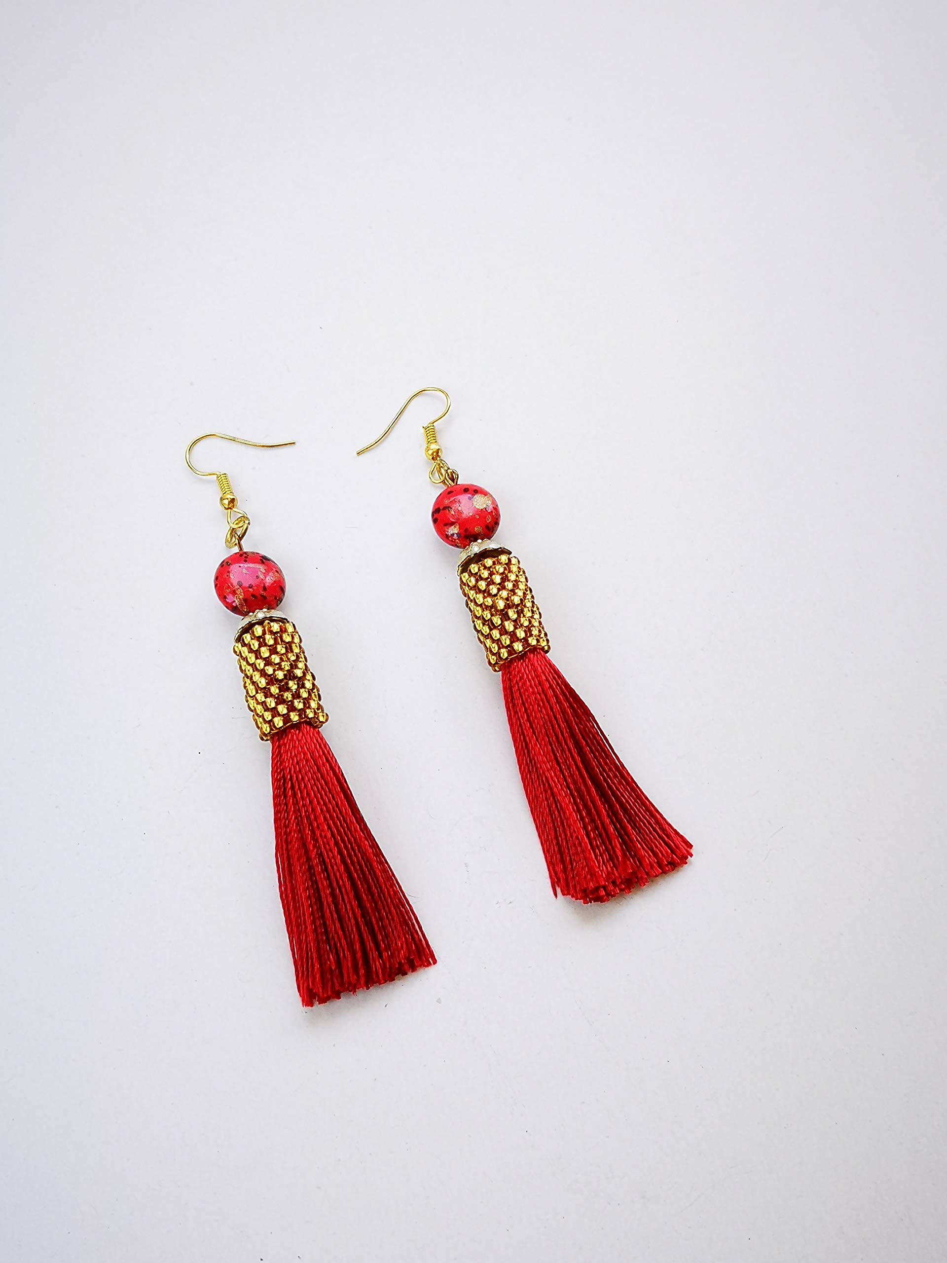 Handmade Red Gold Silk Tassel Earrings for Women - Elegant Boho Dangle Drop Earrings for Party, Wedding & Special Occasions