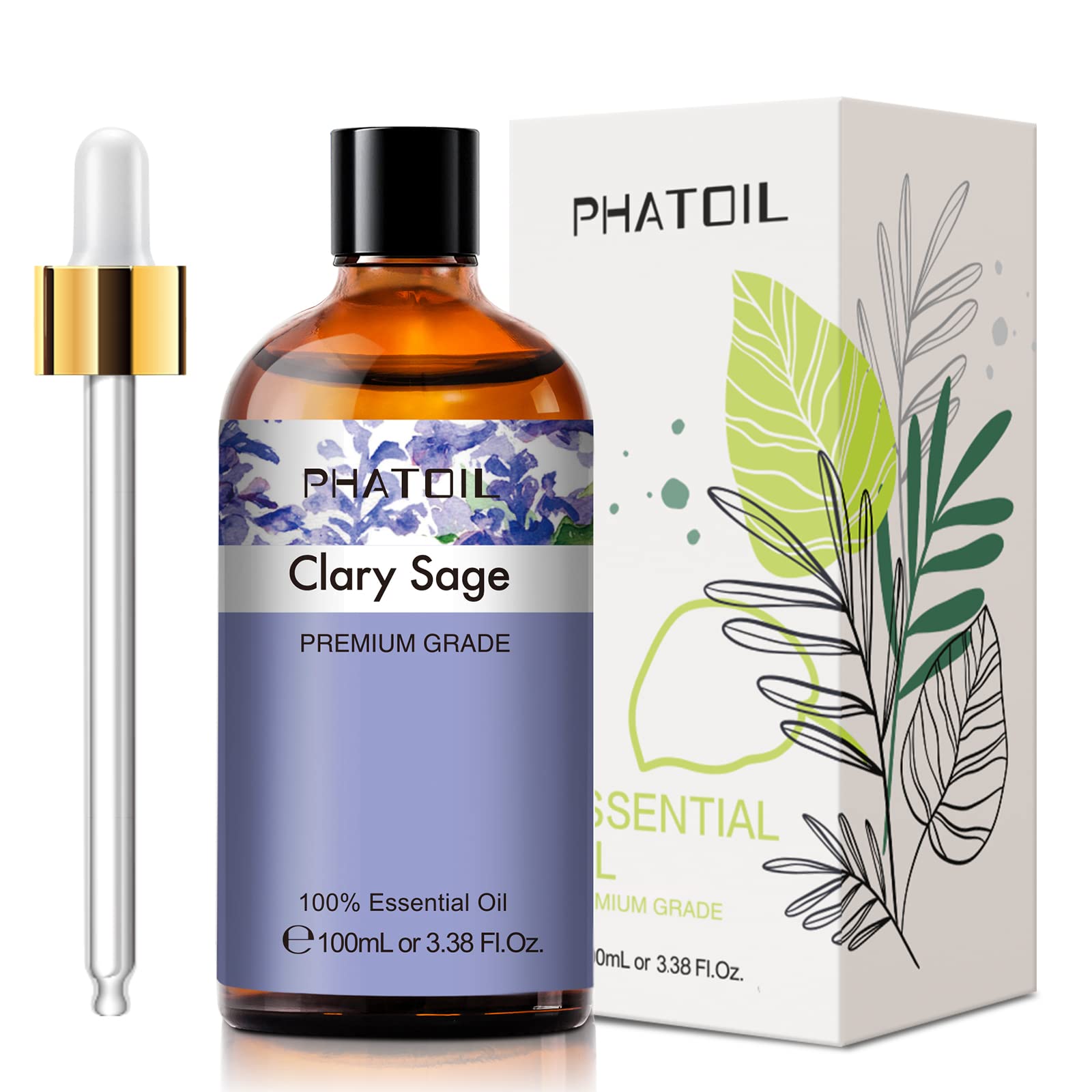 3.38 Fl Oz (100ml) Clary Sage Essential Oil for Aromatherapy - Pure & Natural Essential Oil with Glass Dropper for Diffusers, Humidifiers, DIY Candle & Soap Making - Perfect for Relaxation, Stress Relief & Home Spa
