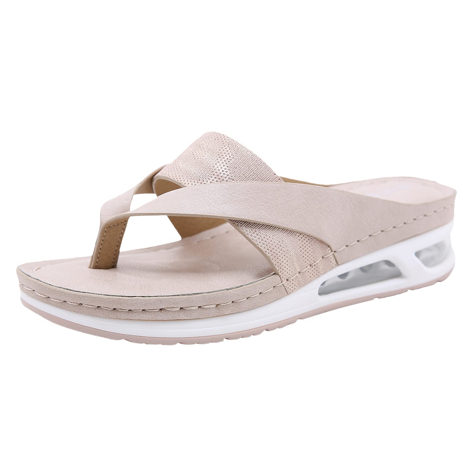 **Women's Wedge Air Cushioned Thong Sandals - Comfortable Open Toe Summer Slippers with Hollow Out Design - Casual Roman Flip Flops for Beach, Pool & Outdoor Wear (Beige, Size 9)**