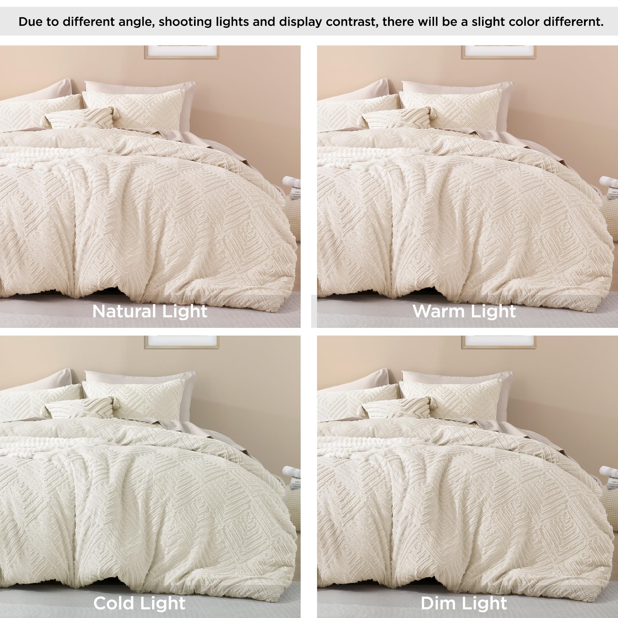 Litanika King Size Comforter Set - 3 Piece Beige & Cream Tufted Boho Farmhouse Bedding | Lightweight Fluffy All-Season Comforter with 2 Pillowcases (104x90 Inches) | Perfect for Master Bedroom, Guest Room & Cozy Farmhouse Decor