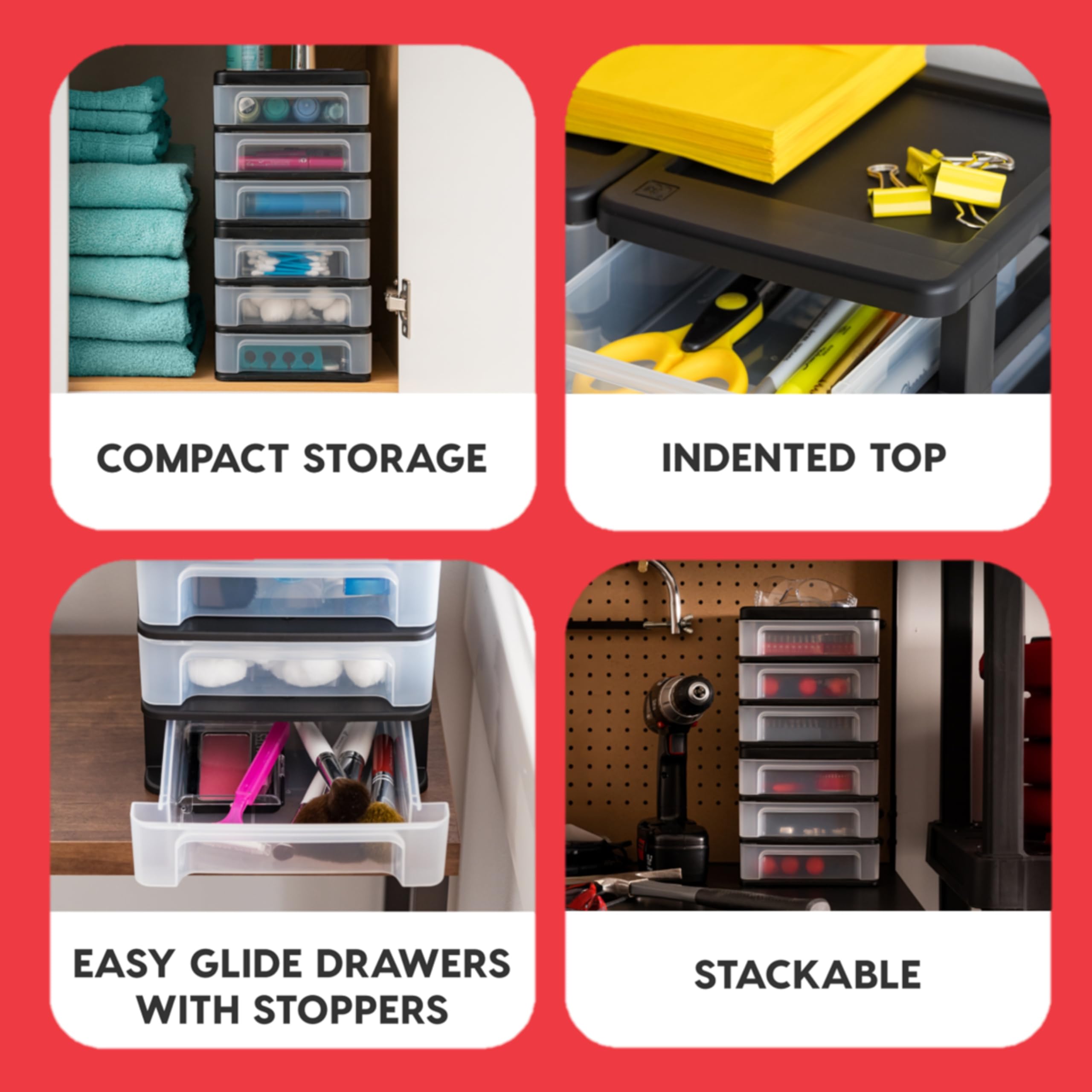IRIS USA 3-Drawer Plastic Stacking Storage Organizer, 4-Pack - Black Small Desk Organizer for Makeup, Nail Polish, Stationery, Craft Supplies | Perfect for Bathroom, Office, Kitchen & Garage Organization