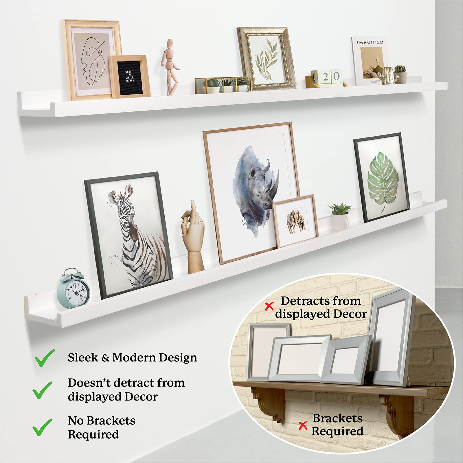 White 60 Inch Floating Picture Ledge Shelf (2 Pack) - Narrow Wooden Wall Shelf with Lip for Photos, Toys, Action Figures, Makeup & Jewelry Display - Perfect for Nursery, Bedroom & Home Decor