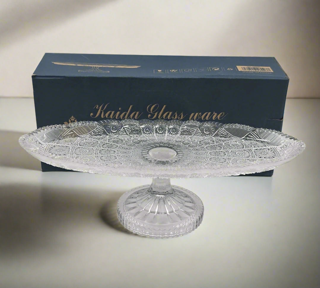 15x6.5x5 Inches Glass Footed Oval Serving Platter - Elegant Appetizer & Dessert Tray for Parties, Weddings and Holiday Entertaining