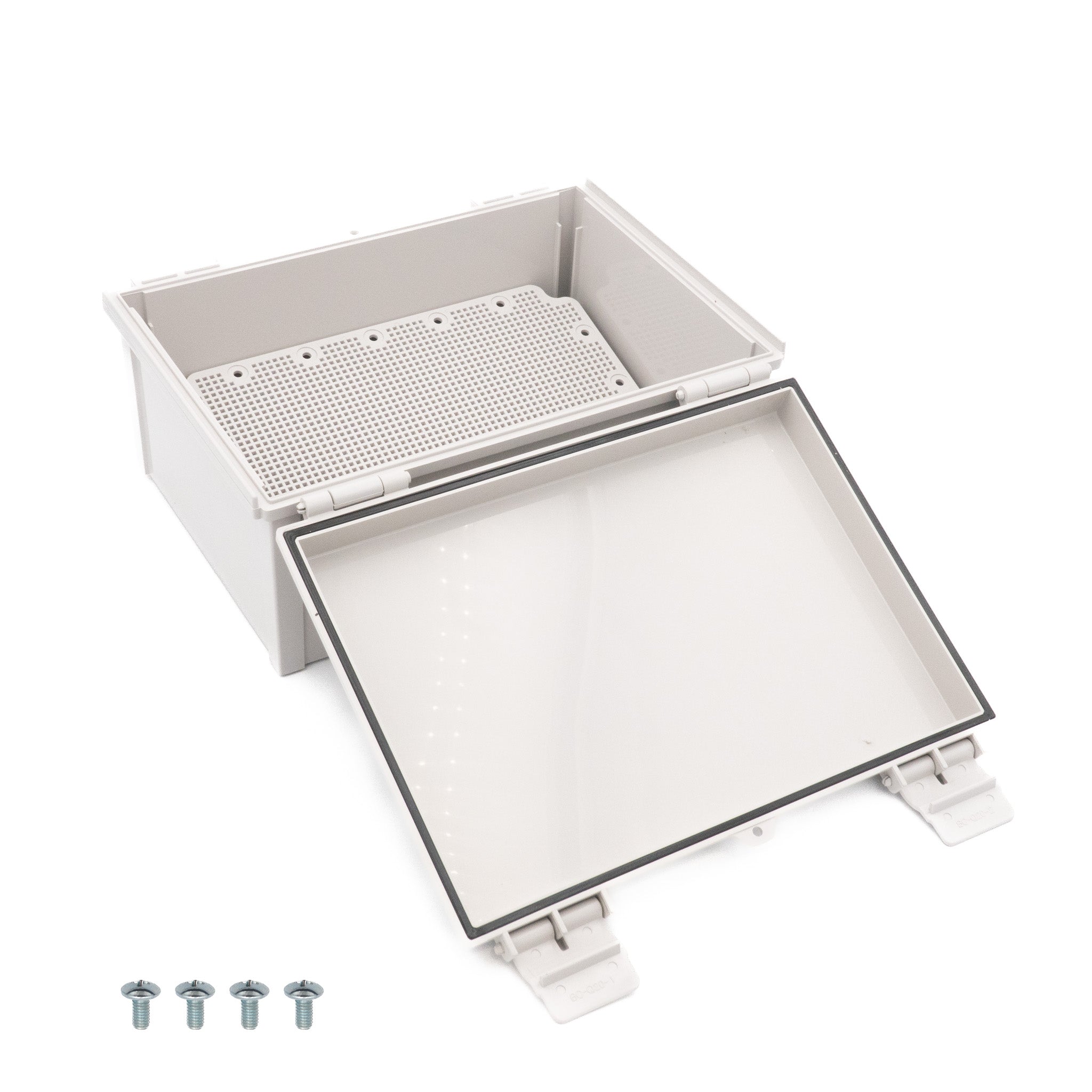 Boxco Q Series 9.84 x 9.84 x 6.30 Inches (250 x 250 x 160mm) Waterproof Plastic Enclosure - IP67 Rated, IK08 Impact Resistant, ABS Material with Grey Hinged Cover & Mounting Plate - Ideal for Outdoor Electronics, Industrial Equipment & Electrical Component Protection