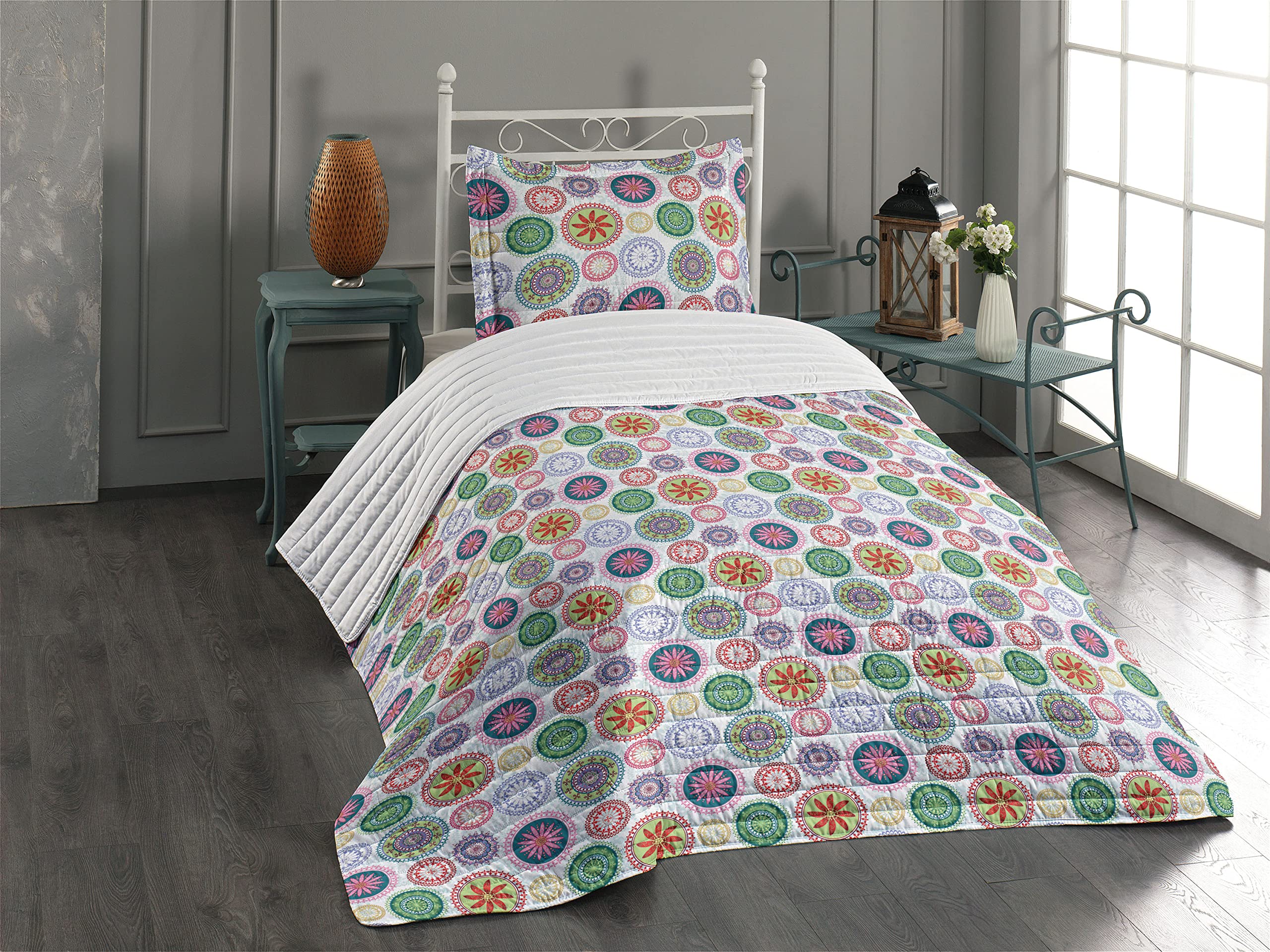Ambesonne Mandala Microfiber Bedspread Set - Twin Size Floral Circular Design with Pillow Sham & Comforter | Soft Oriental Abstract Bedding for Bohemian & Meditation Rooms