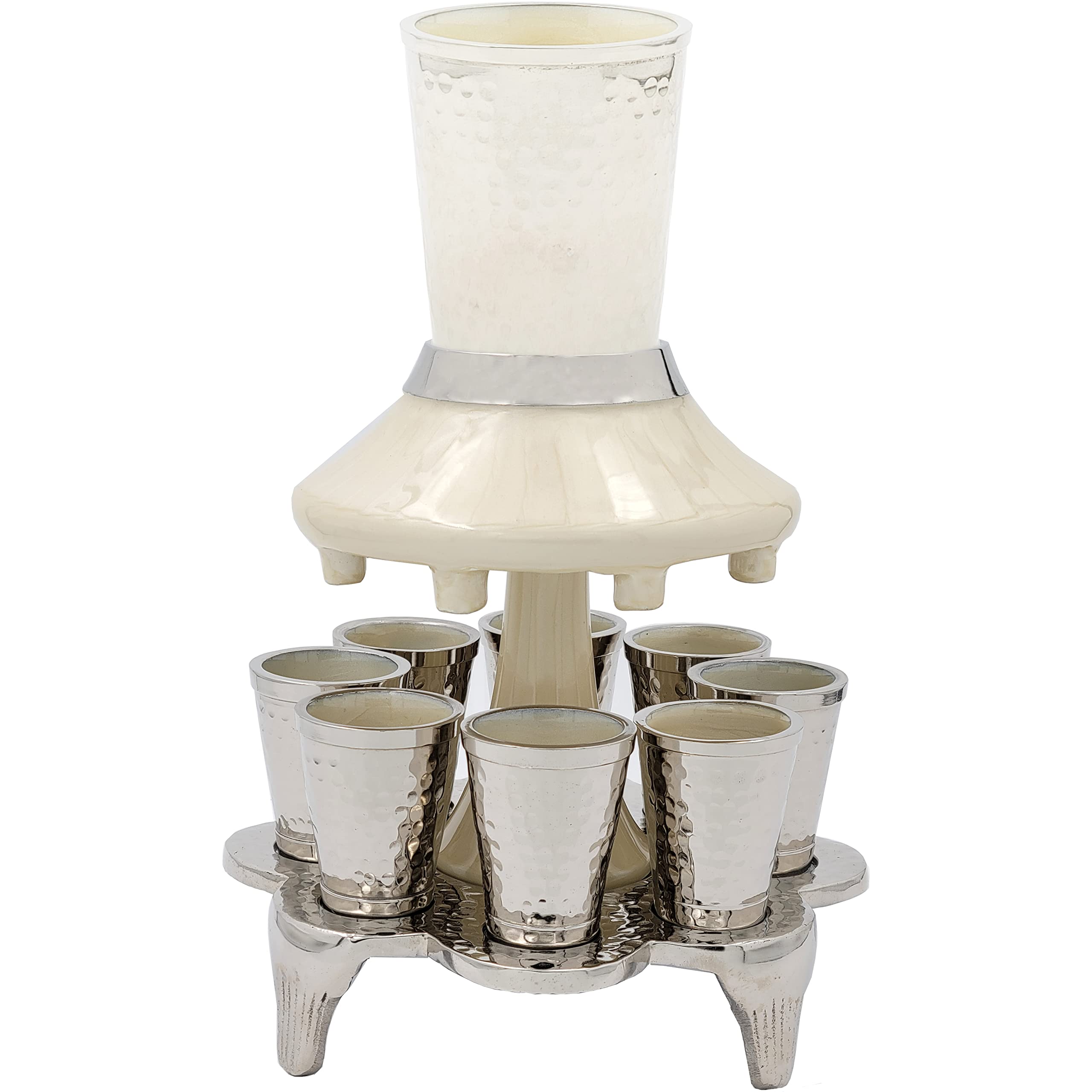 Modern Hand-Painted Enamel Dreidel Wine Fountain Kiddush Cup Set - Removable Fountain for 8 Cups, Family Serving Plate for Shabbat & Jewish Holidays (Beige/Silver) - Perfect for Family Gatherings, Holiday Celebrations & Religious Ceremonies