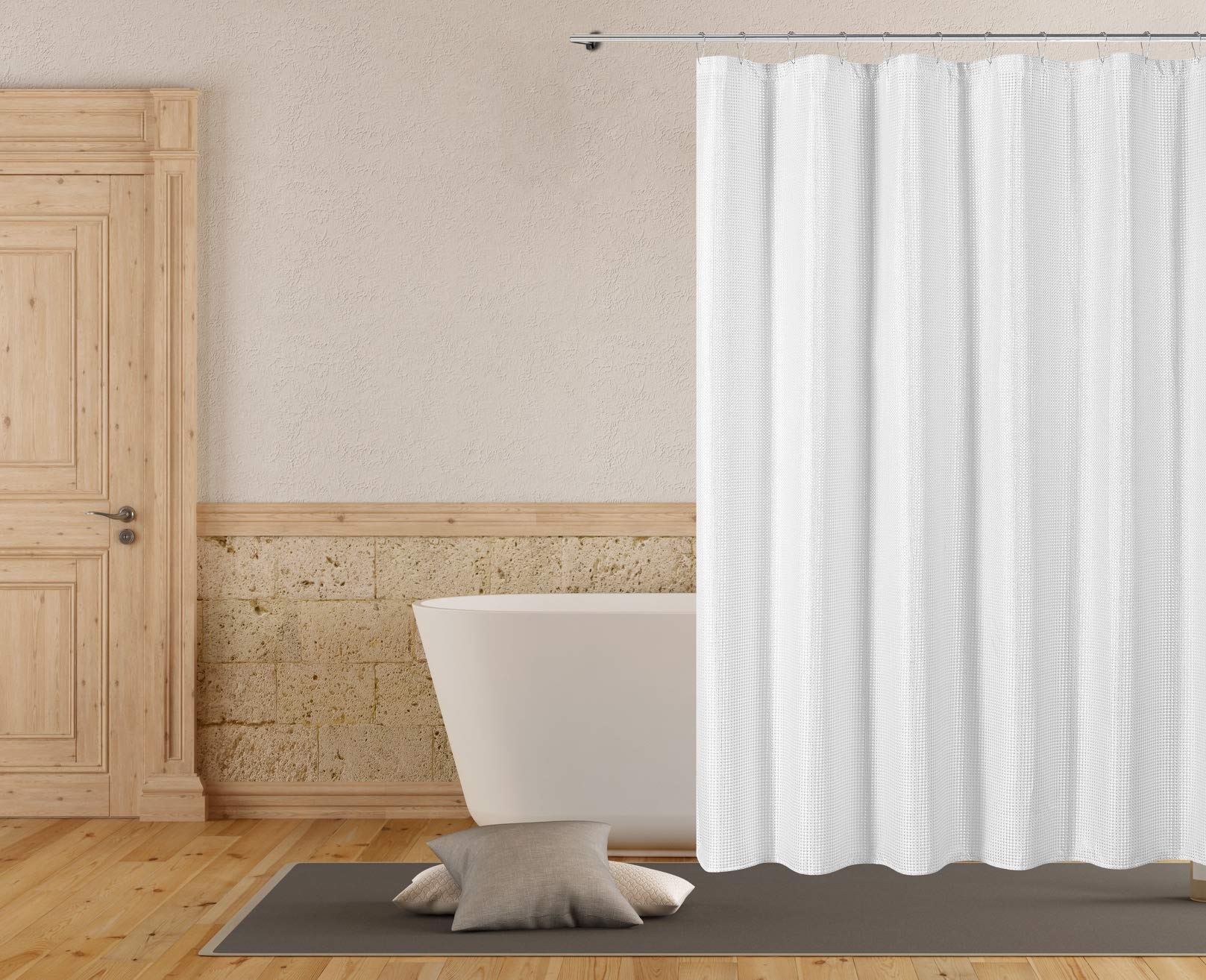 Ari Metallic Waffle Textured Shower Curtain 72x72 Inches, White Silver Waterproof Bathroom Decor for Modern & Luxury Home