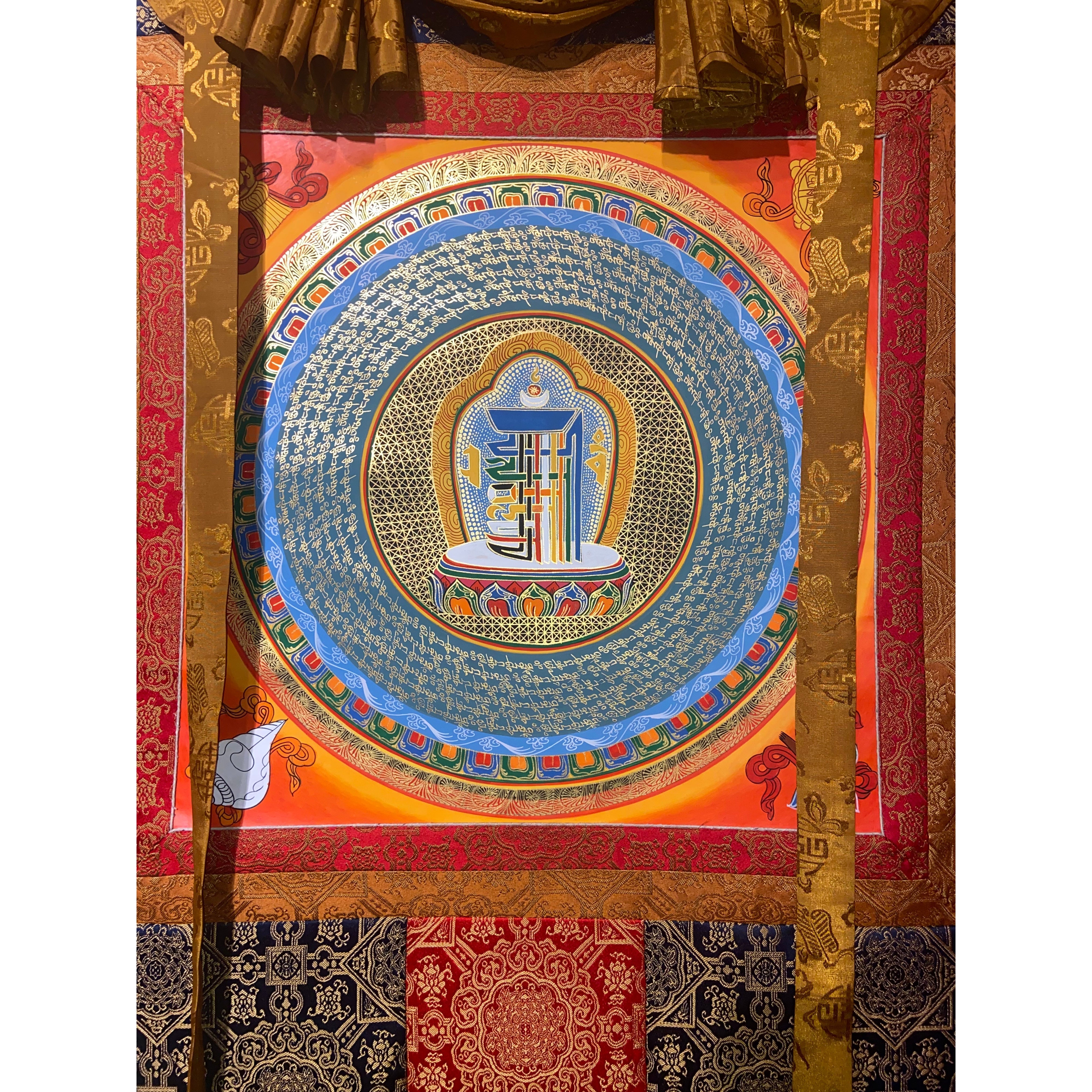 Authentic Kalachakra Alphabet Silk Framed Thangka Painting - Tibetan Buddhist Wall Art Decor for Meditation Room & Spiritual Home Decor