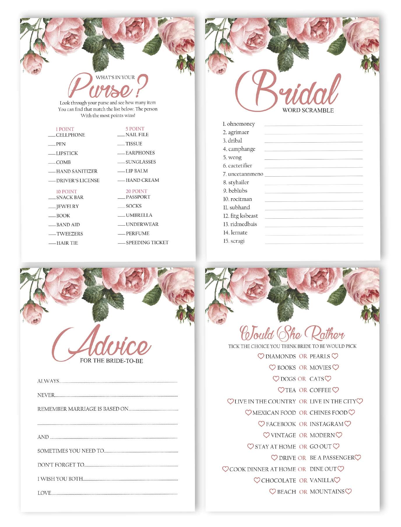 Bachelorette Party Games Set - Floral Bridal Shower Games Bundle (4 Games, 50 Sheets Each) | Fun Wedding Party Activities for Bridesmaids & Guests