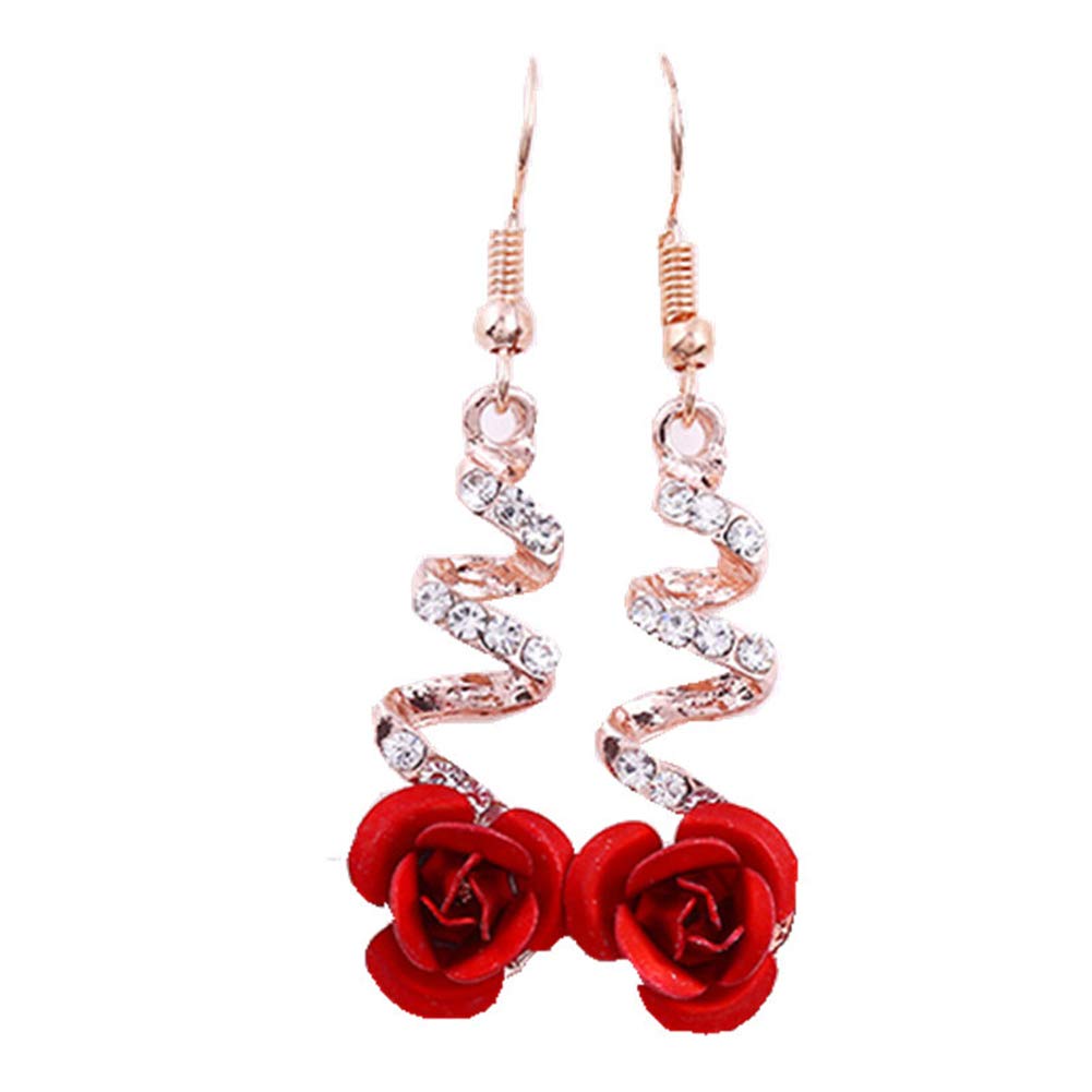 Elegant Vintage Rose Gold Spiral Dangle Earrings with Rhinestones - Romantic Red Rose Drop Earrings for Women | Perfect for Weddings, Date Nights & Special Occasions