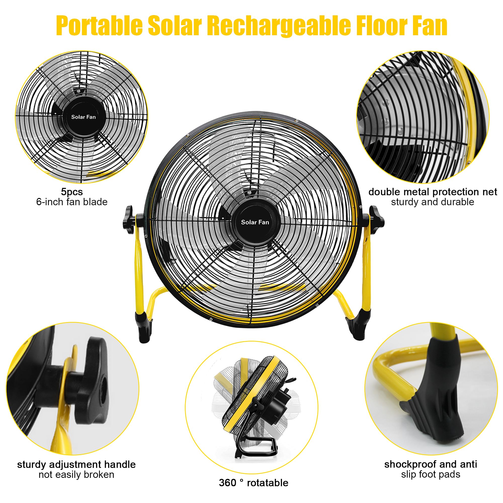 14 Inch Portable Rechargeable Fan with 15600mAh Battery & Solar Panel - 360° Adjustable Camping Fan for Outdoor, Travel, Chicken Coop, Dog House, Shed & Greenhouse - Perfect for Camping Trips, Backyard Cooling & Pet Comfort