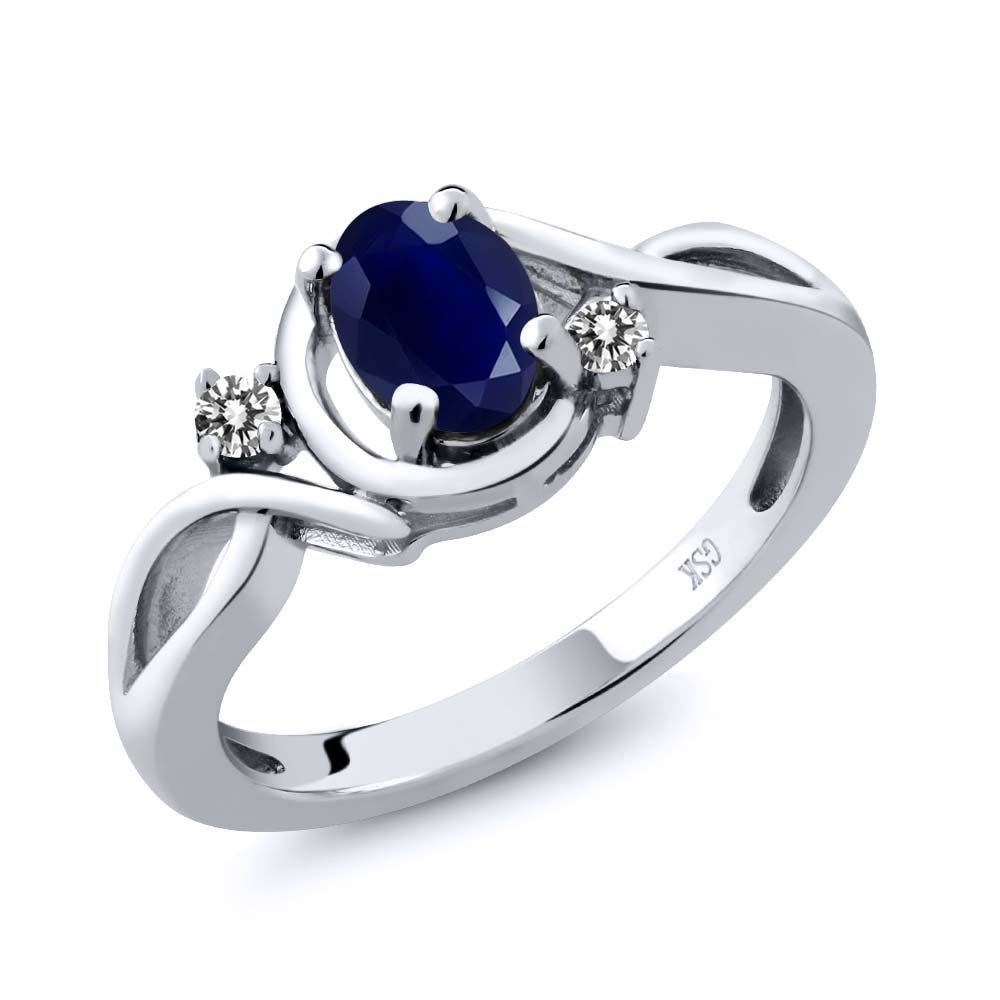 Gem Stone King 925 Sterling Silver Blue Sapphire & White Diamond Women's Ring (1.09 Ct Oval, Size 5-9) - Elegant Wedding, Engagement & Anniversary Jewelry Gift