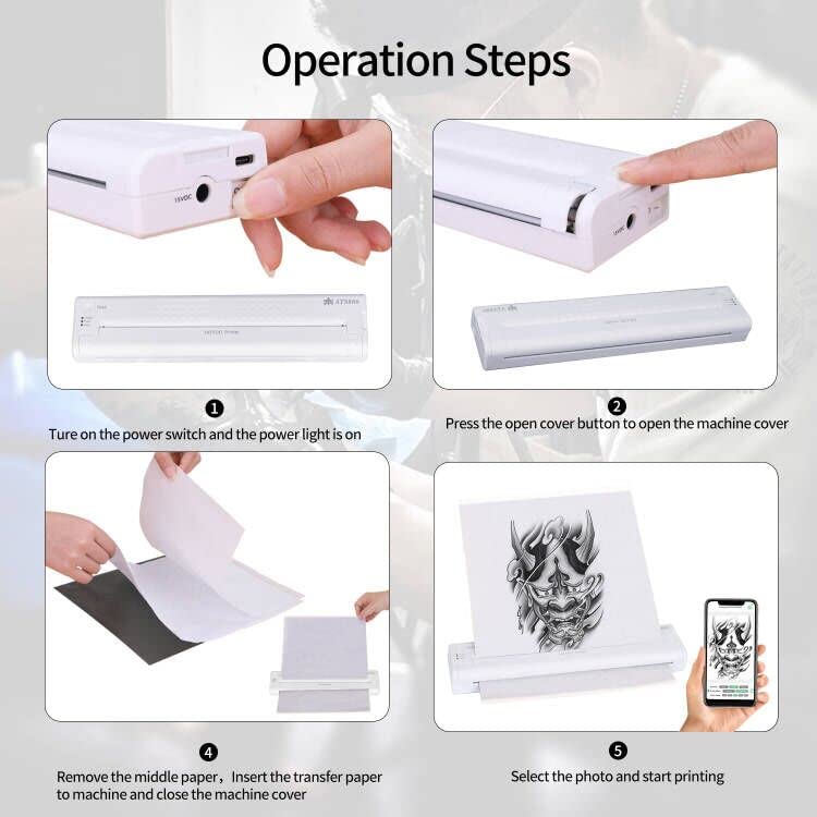 Wireless Tattoo Stencil Machine - Rechargeable Inkless Bluetooth Tattoo Printer with 15 Sheets Transfer Paper for Permanent & Temporary Tattoos, iOS Compatible - Perfect for Tattoo Artists & DIY Enthusiasts at Home or Studio