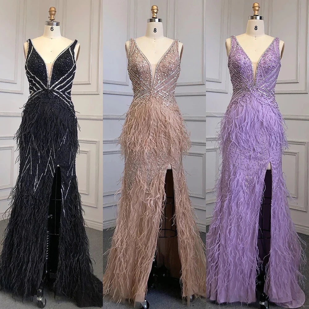 Elegant Gold Mermaid Evening Dress with High Slit & Feather Details - Backless Beaded Gown for Women - Perfect for Prom, Gala, and Red Carpet Events