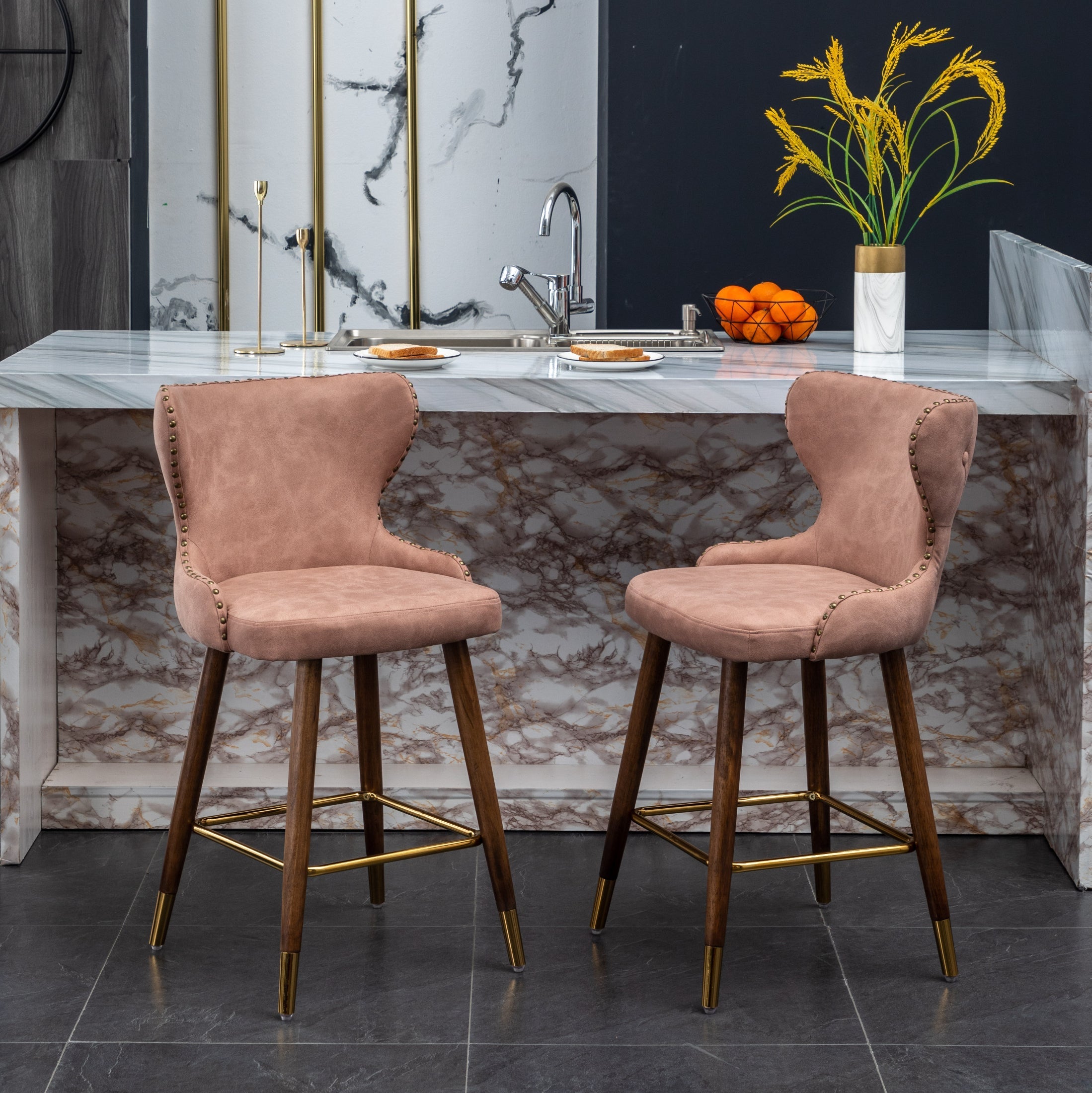 Roundhill Furniture Nevis Mid-Century Modern Faux Leather Tufted Counter Stool with Nailhead Trim - Set of 2, Pink - Perfect for Kitchen Islands, Breakfast Bars & Home Decor