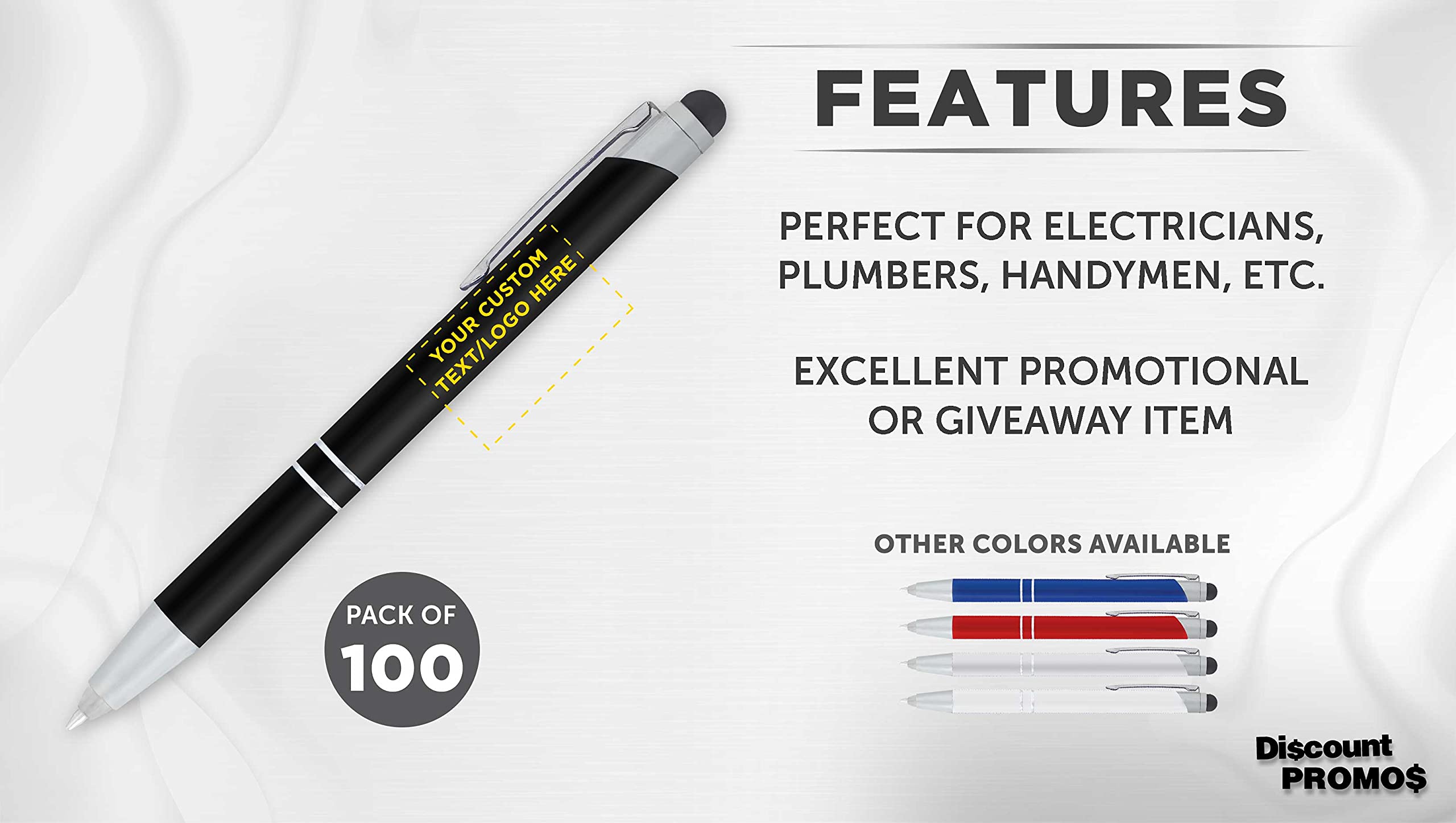 100 Pack Night Rite Stylus Metal Pens with Custom Text & Logo - LED Light, Twist Action Black Ink Pens - Perfect for Business Gifts, Trade Shows & Office Use