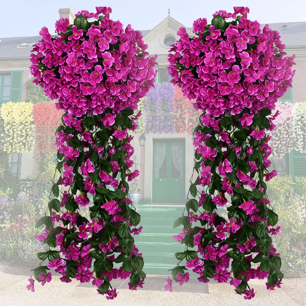 Vivid Artificial Hanging Orchid Bunch - Premium Fake Silk Violet Flower Garland for Home Decor, Wedding, Party & Office - 2 Pack Purple Hanging Vine Plants (Indoor/Outdoor Use)