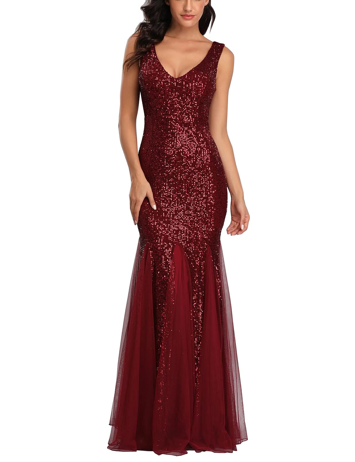 ARFAR Women's Sequin Tulle Party Dress - Sexy V-Neck Formal Long Evening Gown for Prom, Wedding, Cocktail & Special Occasions