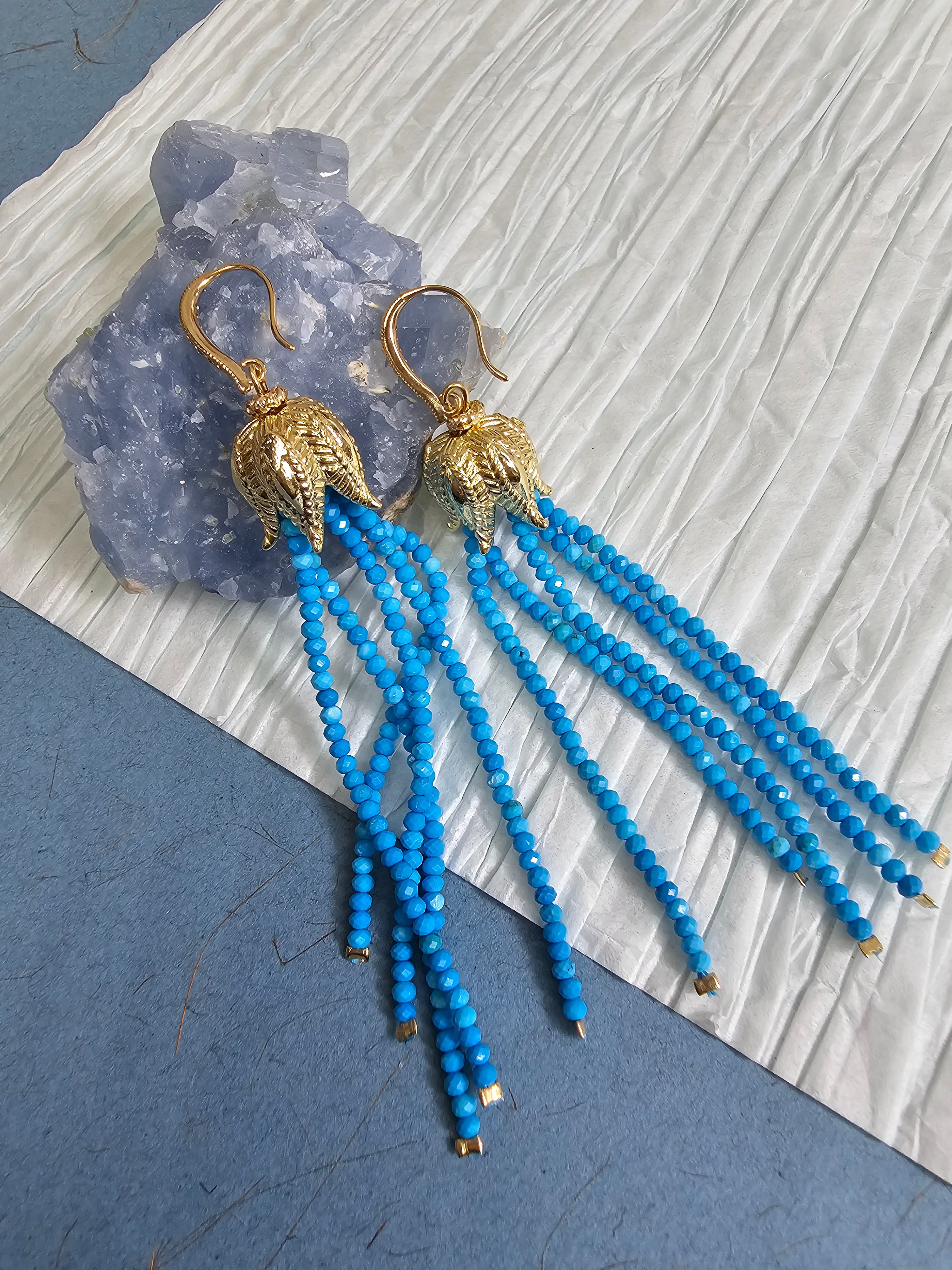 Natural Blue Turquoise Tassel Earrings for Women | Handmade Boho Chic Dangle Jewelry | Perfect for Festivals, Weddings & Everyday Wear NE042